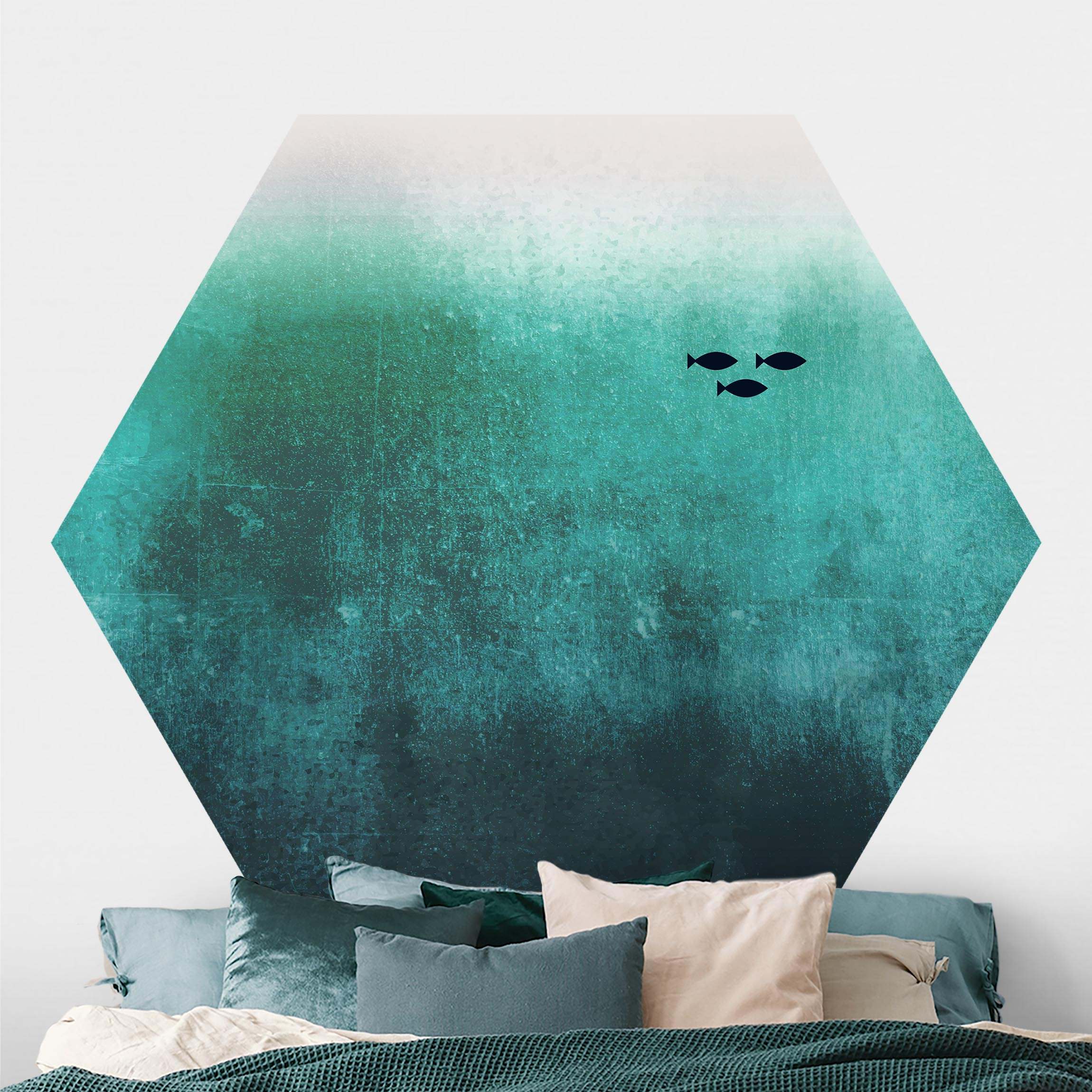 Hexagon Fototapete selbstklebend Fische in der Tiefsee