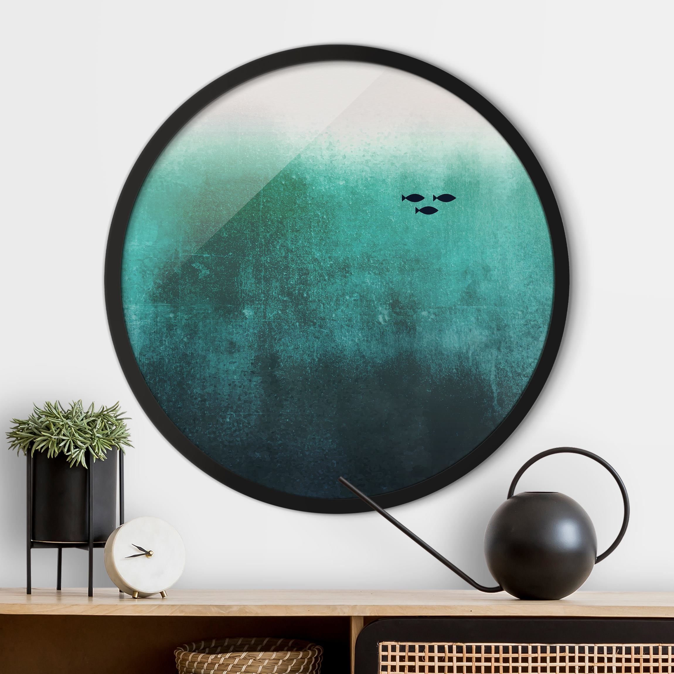 Rundes Bild mit Rahmen Fische in der Tiefsee