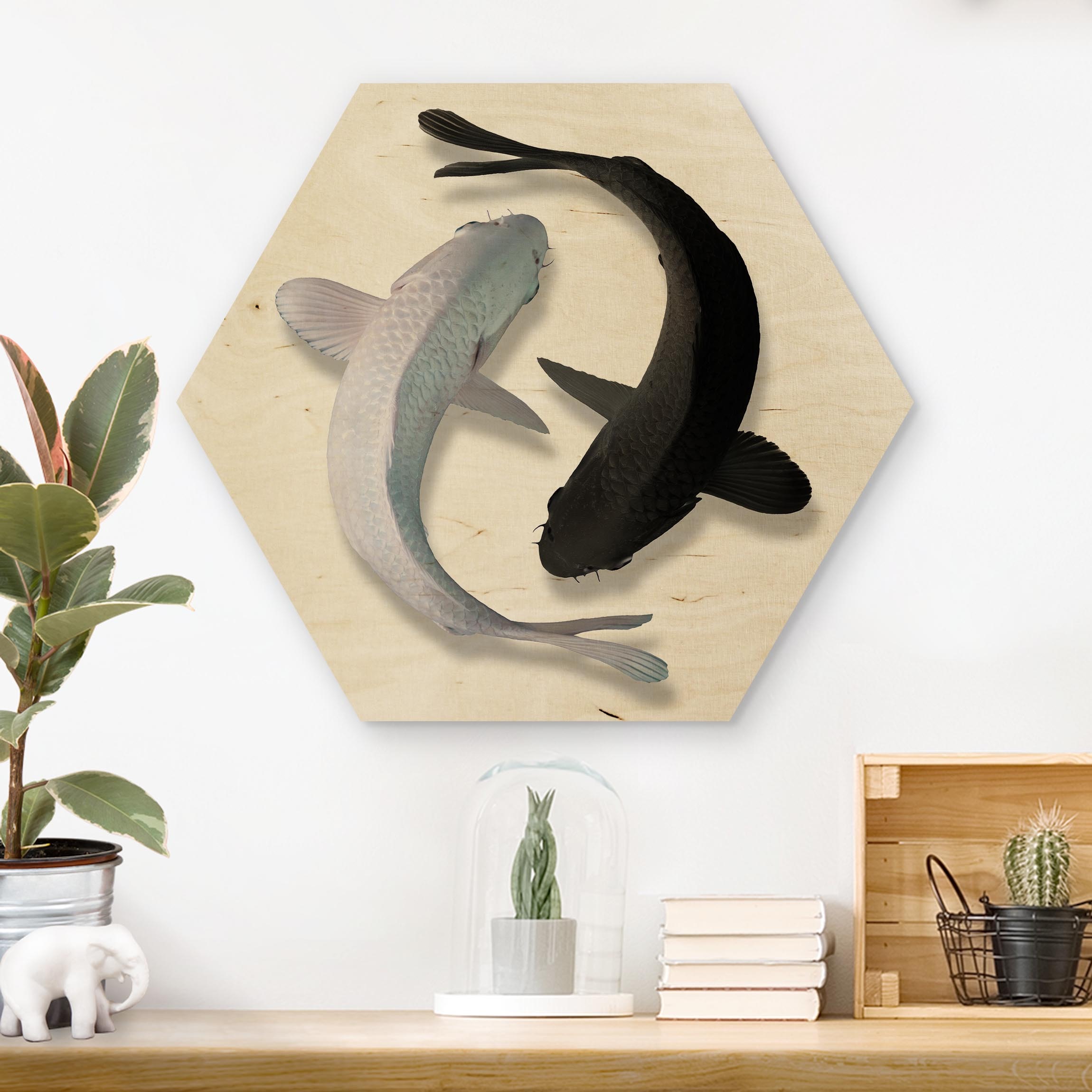 Hexagon-Holzbild Fische Ying & Yang