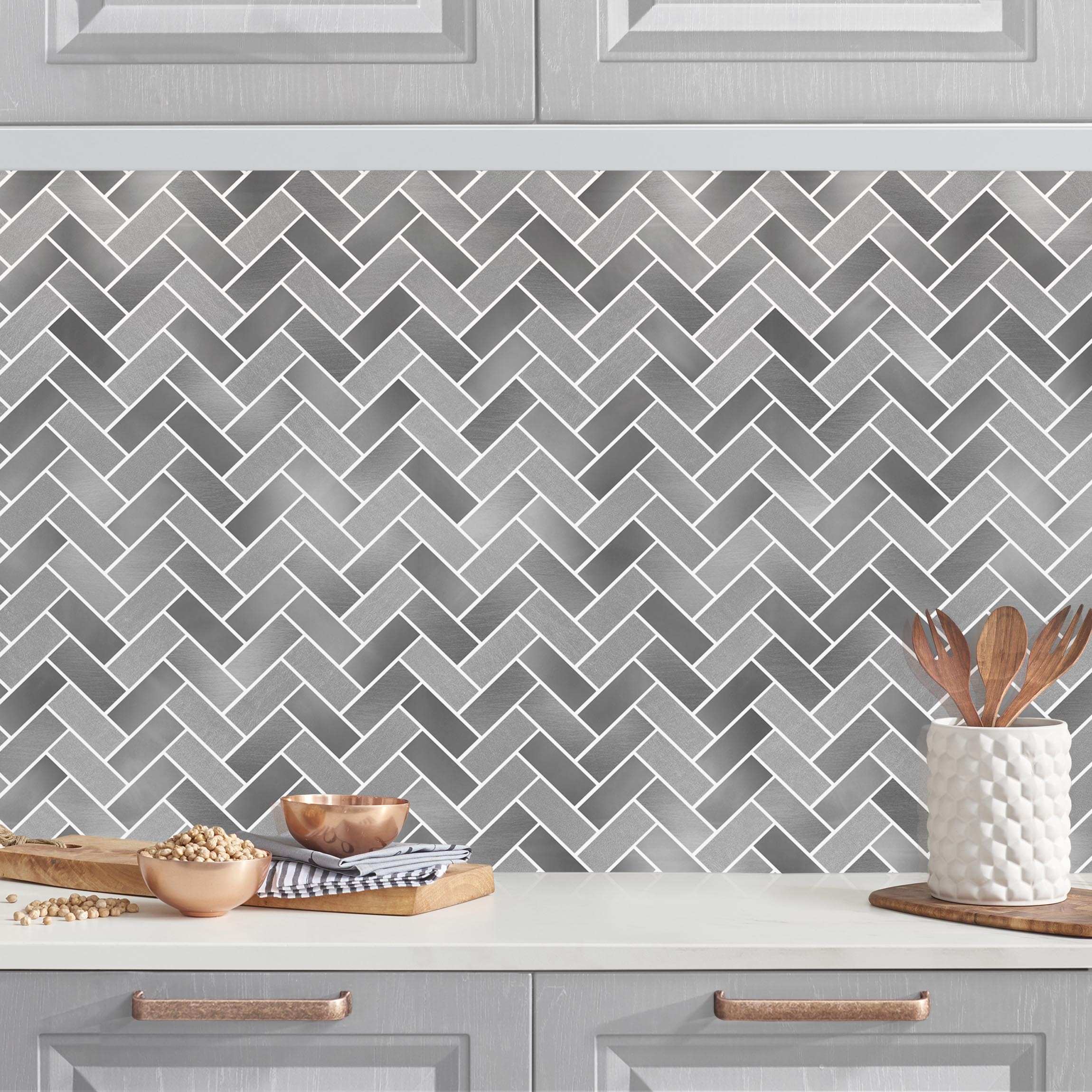 Küchenrückwand Fischgräten Fliesen - Anthrazit weiße Fugen