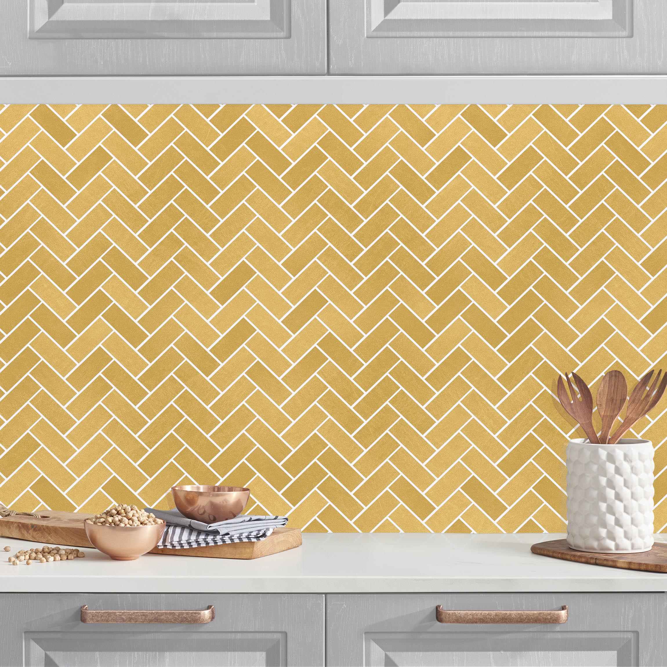 Küchenrückwand Fischgräten Fliesen - Goldoptik weiße Fugen