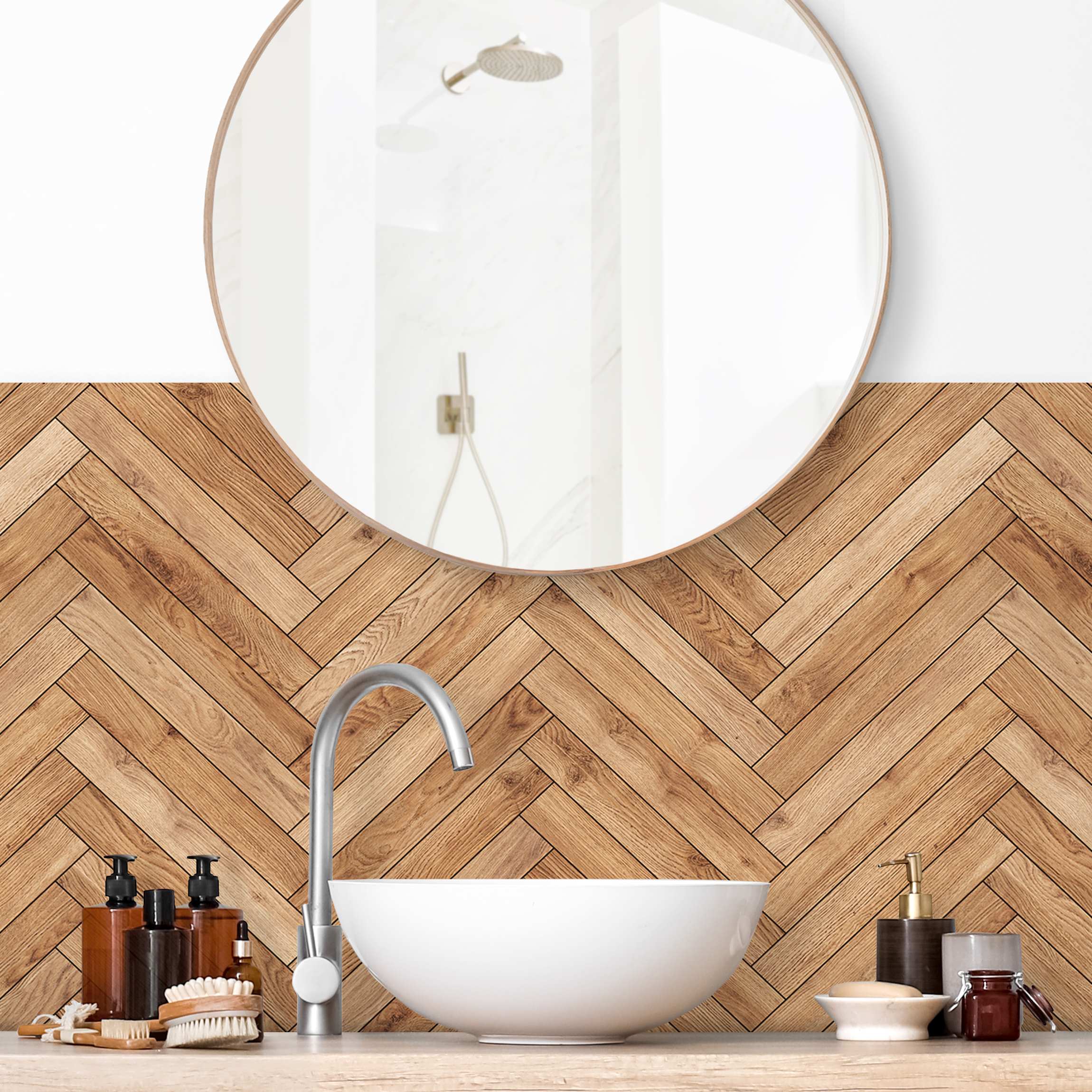 Wandverkleidung Bad Fischgräten Fliesen Holz