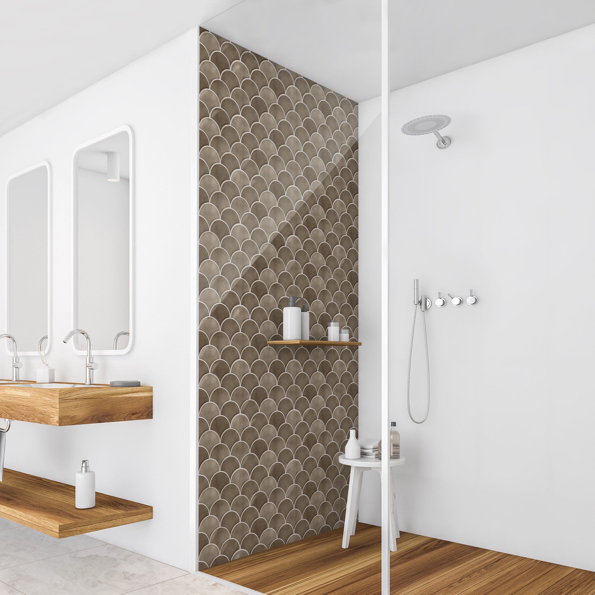 Duschrückwand Fischschuppen Fliesen Keramikoptik Beige