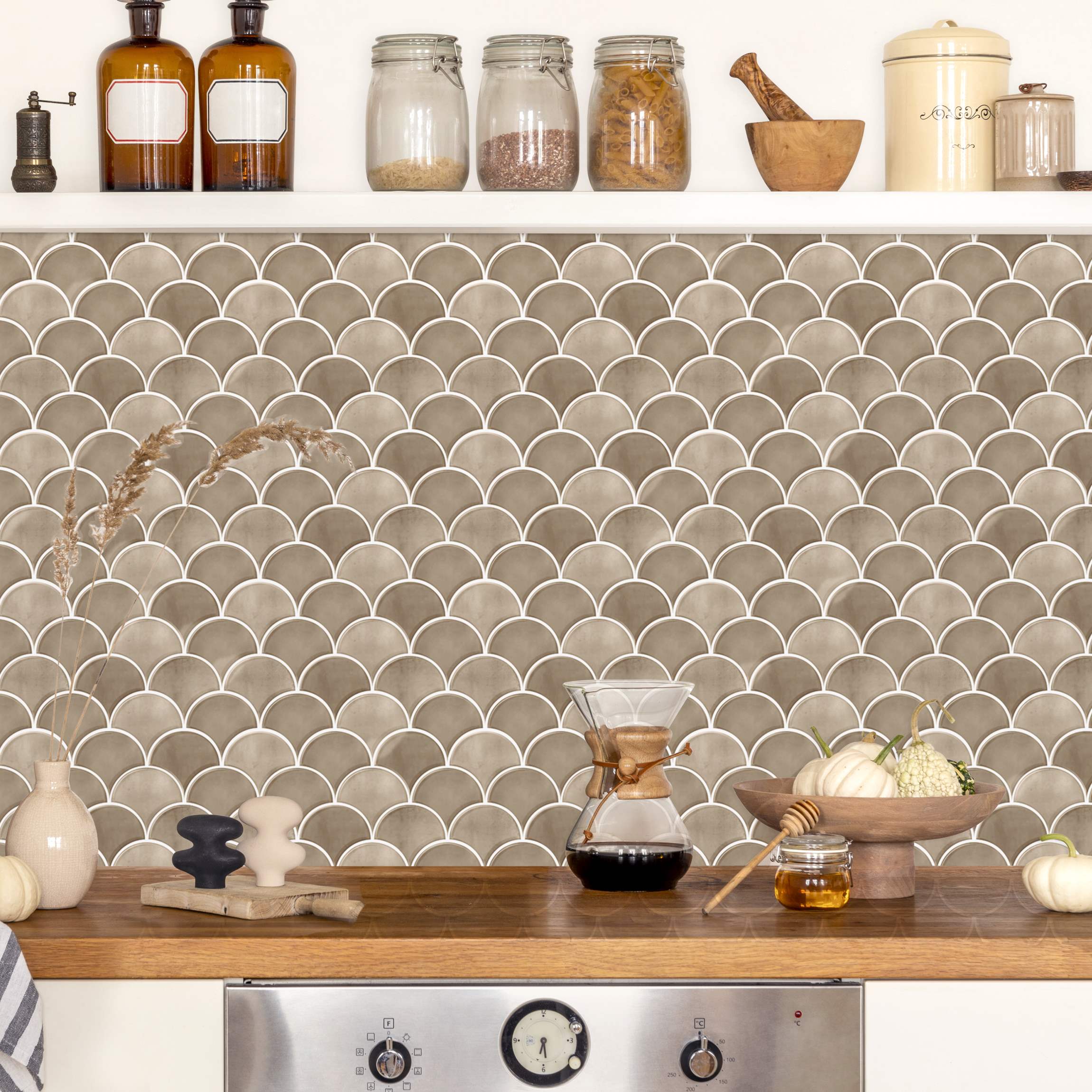 Küchenrückwand Fischschuppen Fliesen Keramikoptik Beige
