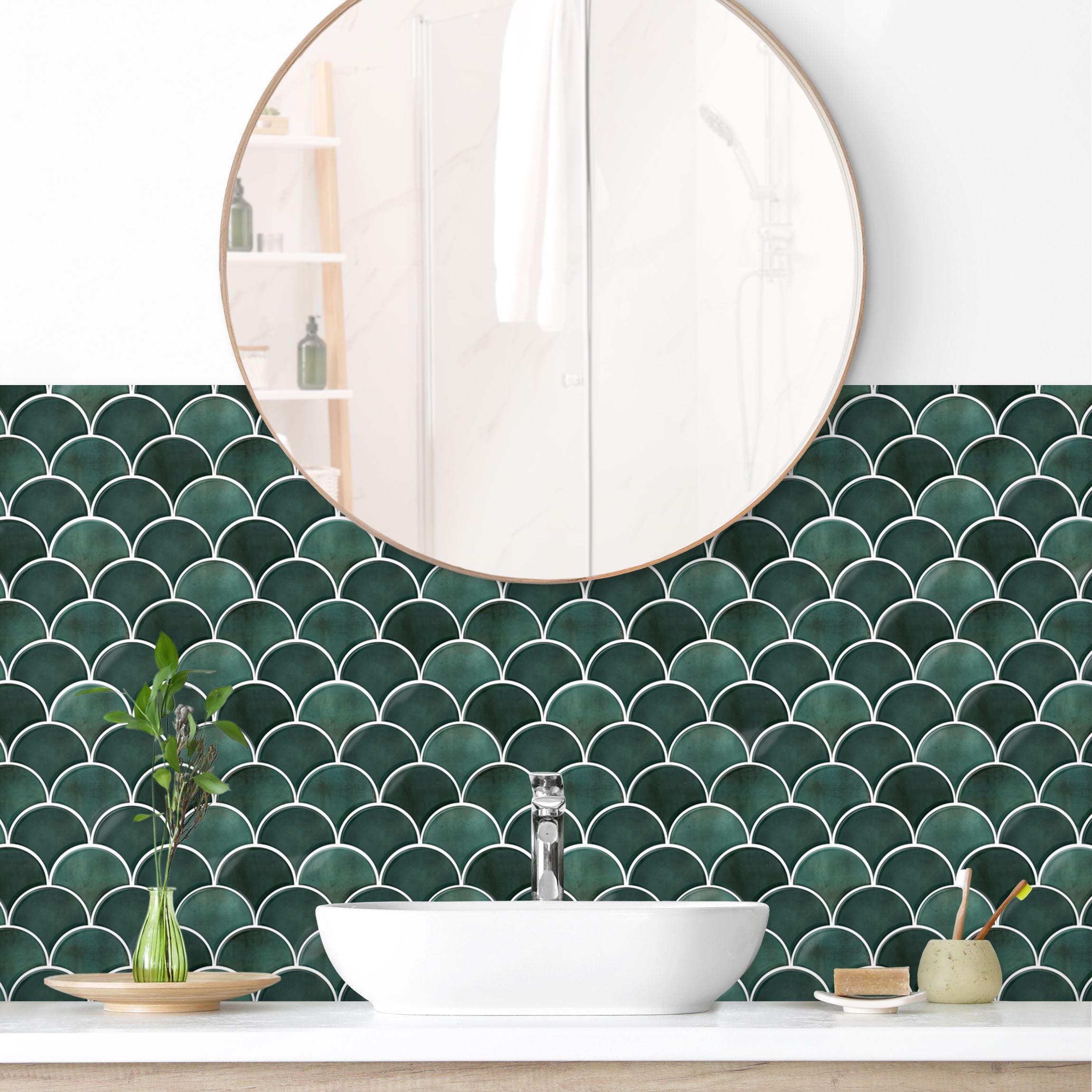 Wandverkleidung Bad Fischschuppen Fliesen Keramikoptik Dunkelgrün
