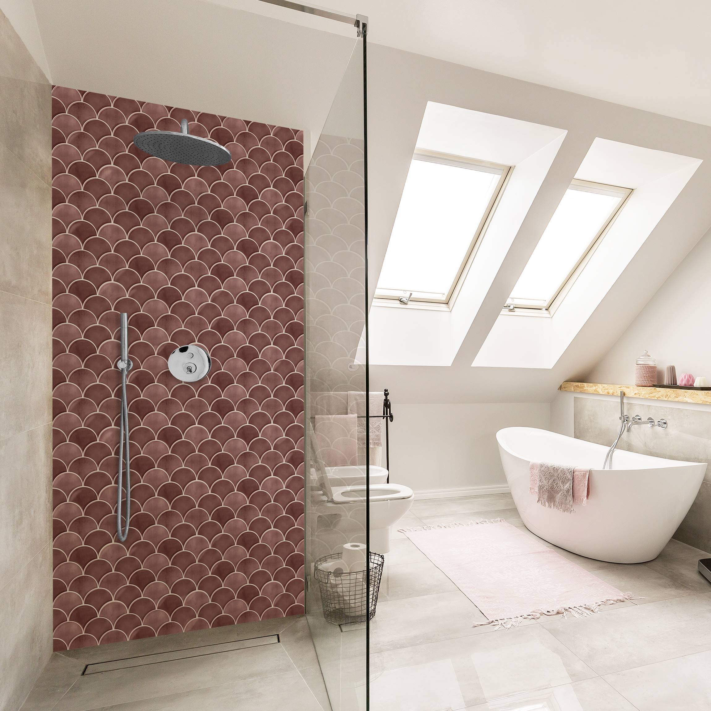 Duschrückwand Fischschuppen Fliesen Keramikoptik Rosa