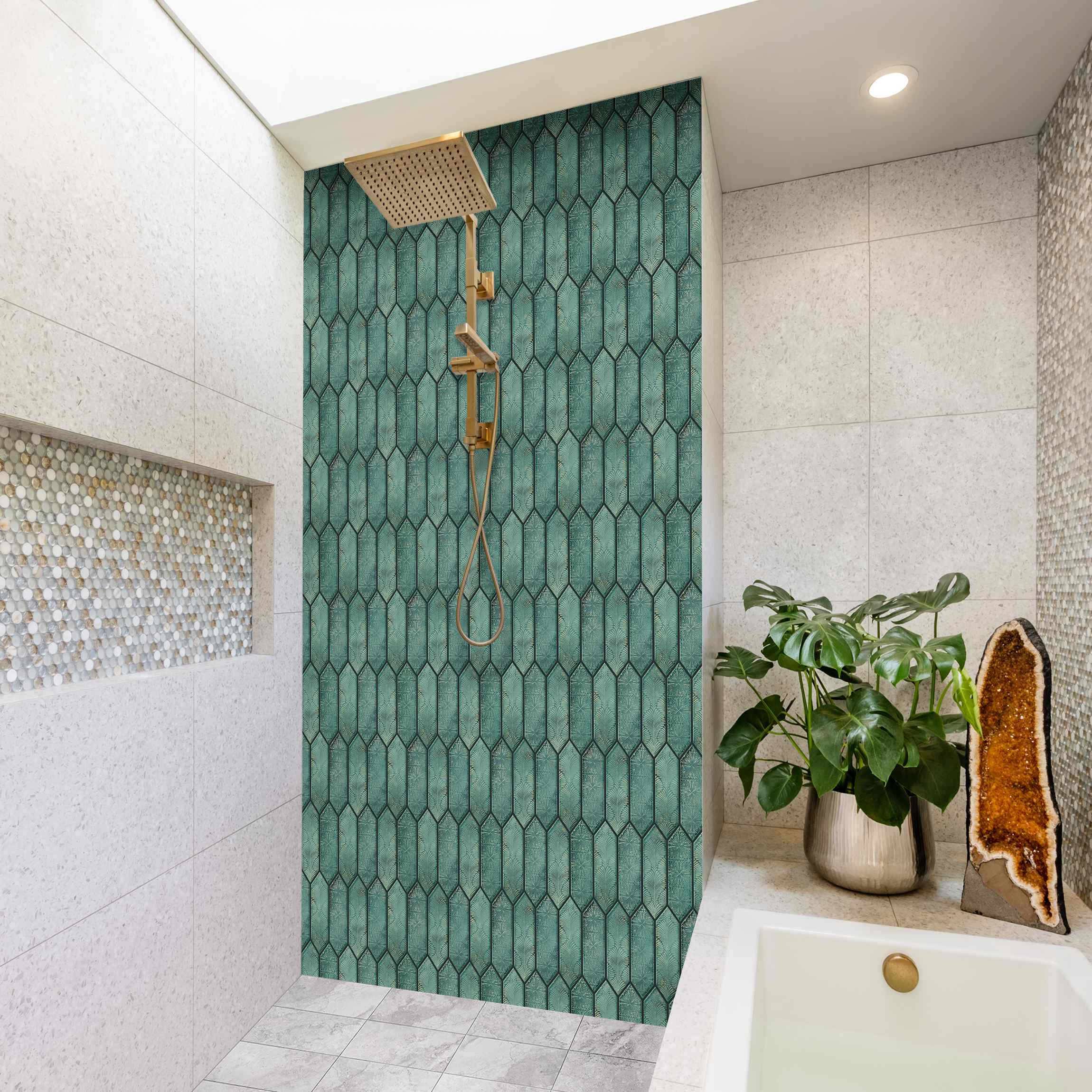 Duschrückwand Fischschuppen Muster Fliesen Emerald Grün