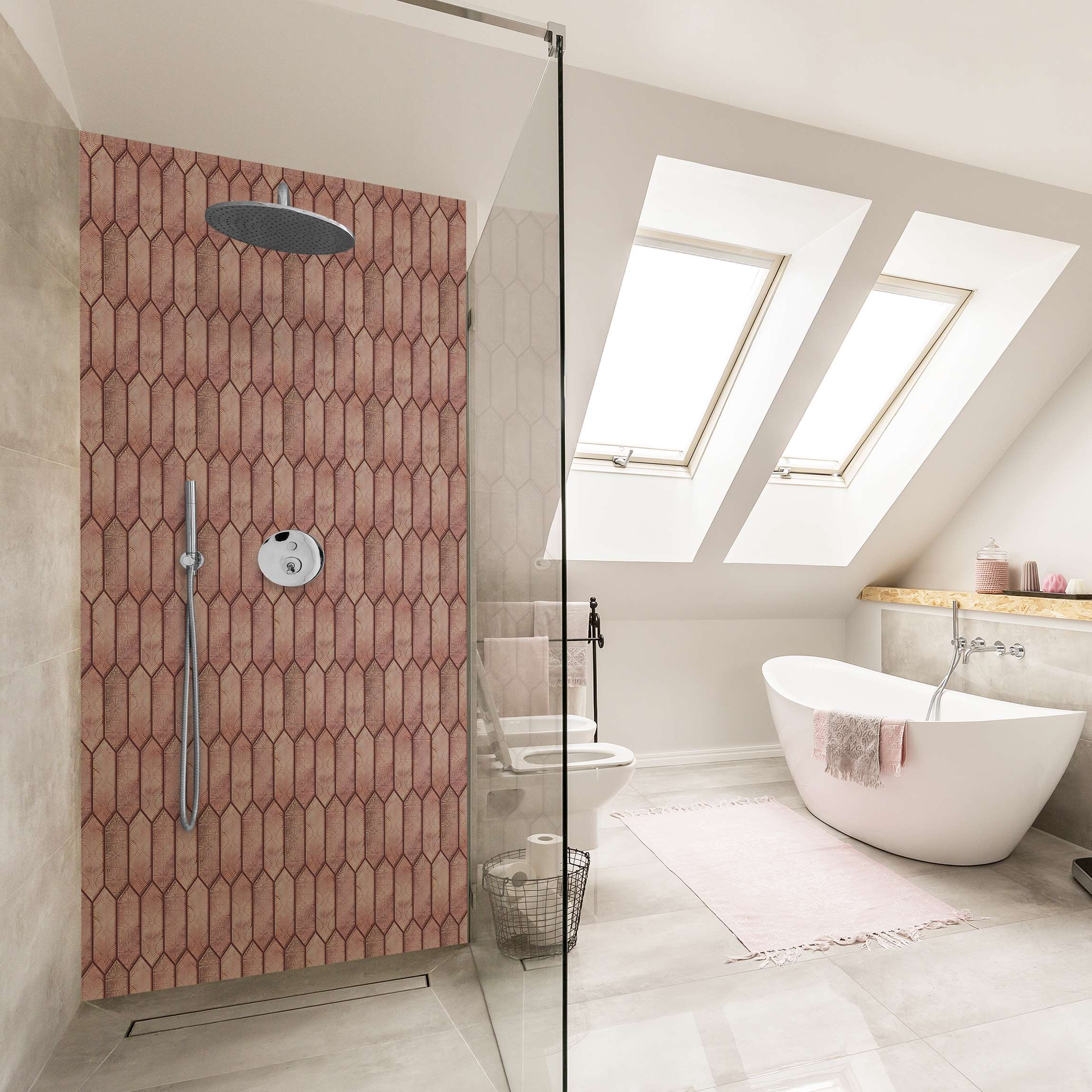 Duschrückwand Fischschuppen Muster Fliesen Rosa