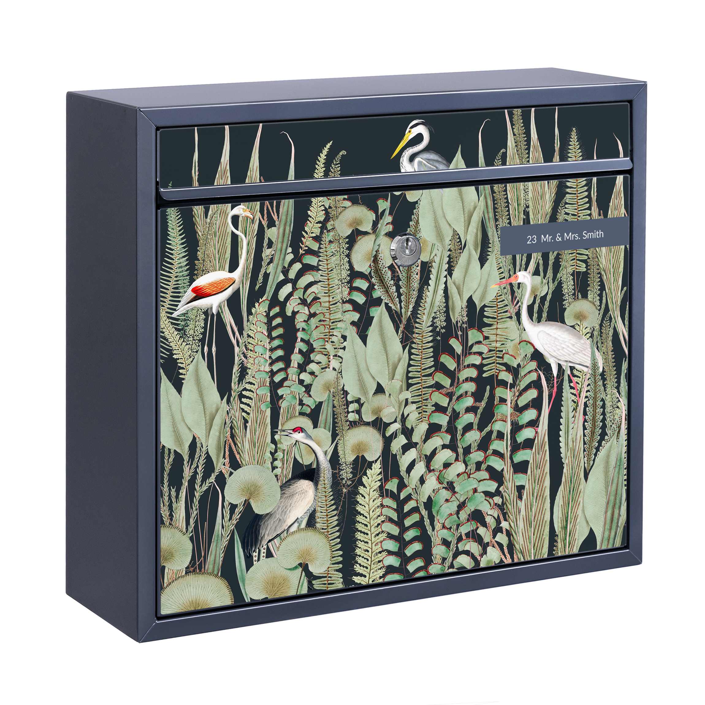 Briefkasten mit eigenem Text Flamingo und Storch mit Pflanzen auf Grün