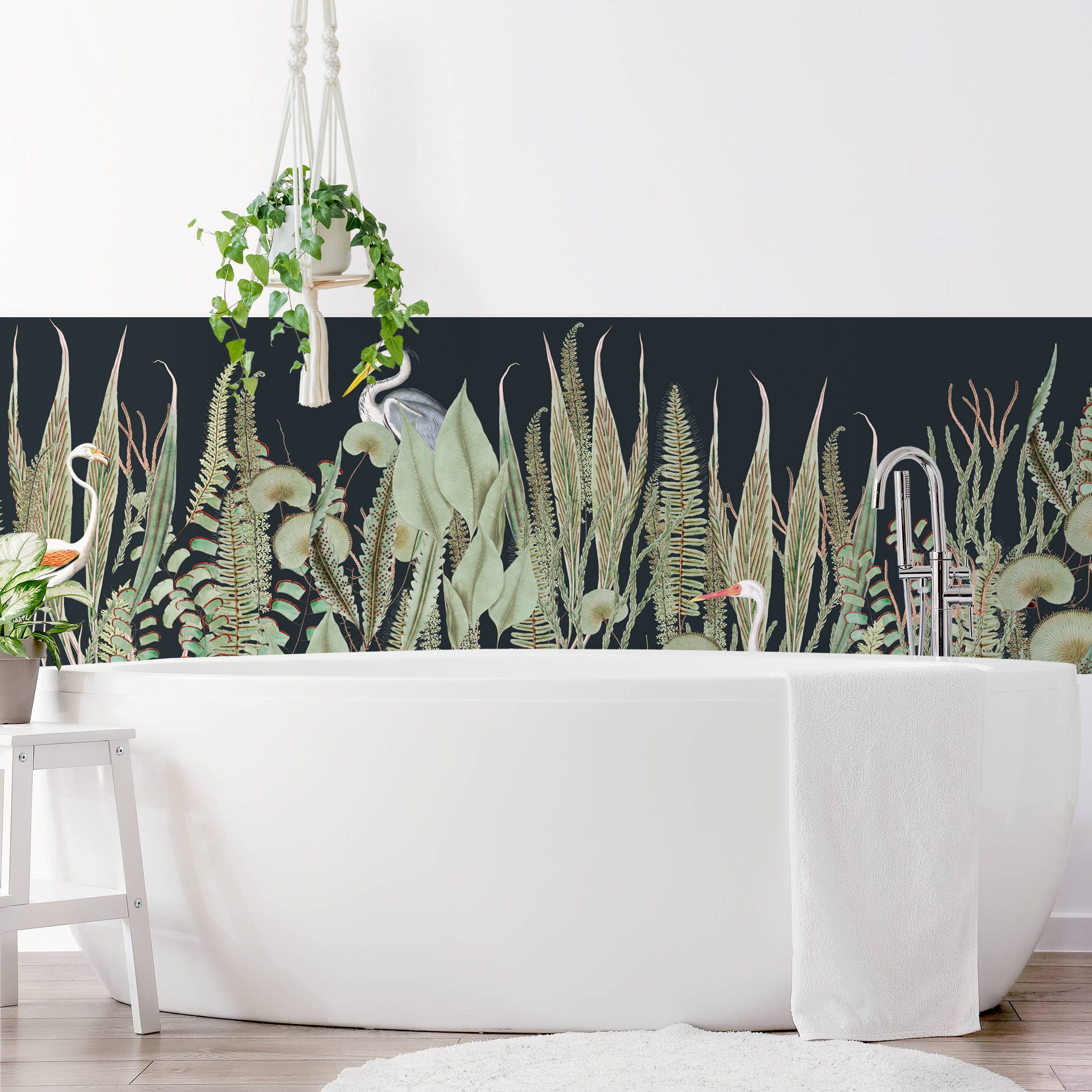 Wandverkleidung Bad Flamingo und Storch mit Pflanzen auf Grün