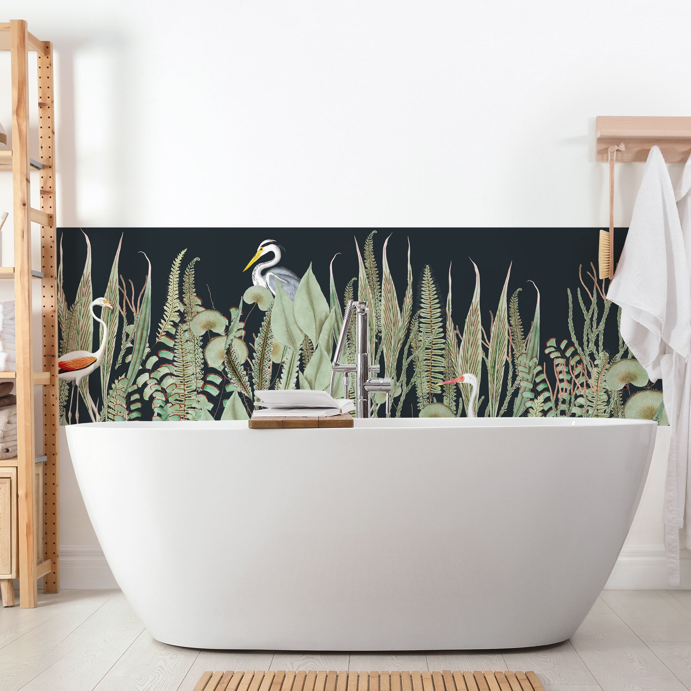 Wandverkleidung Bad Flamingo und Storch mit Pflanzen auf Grün