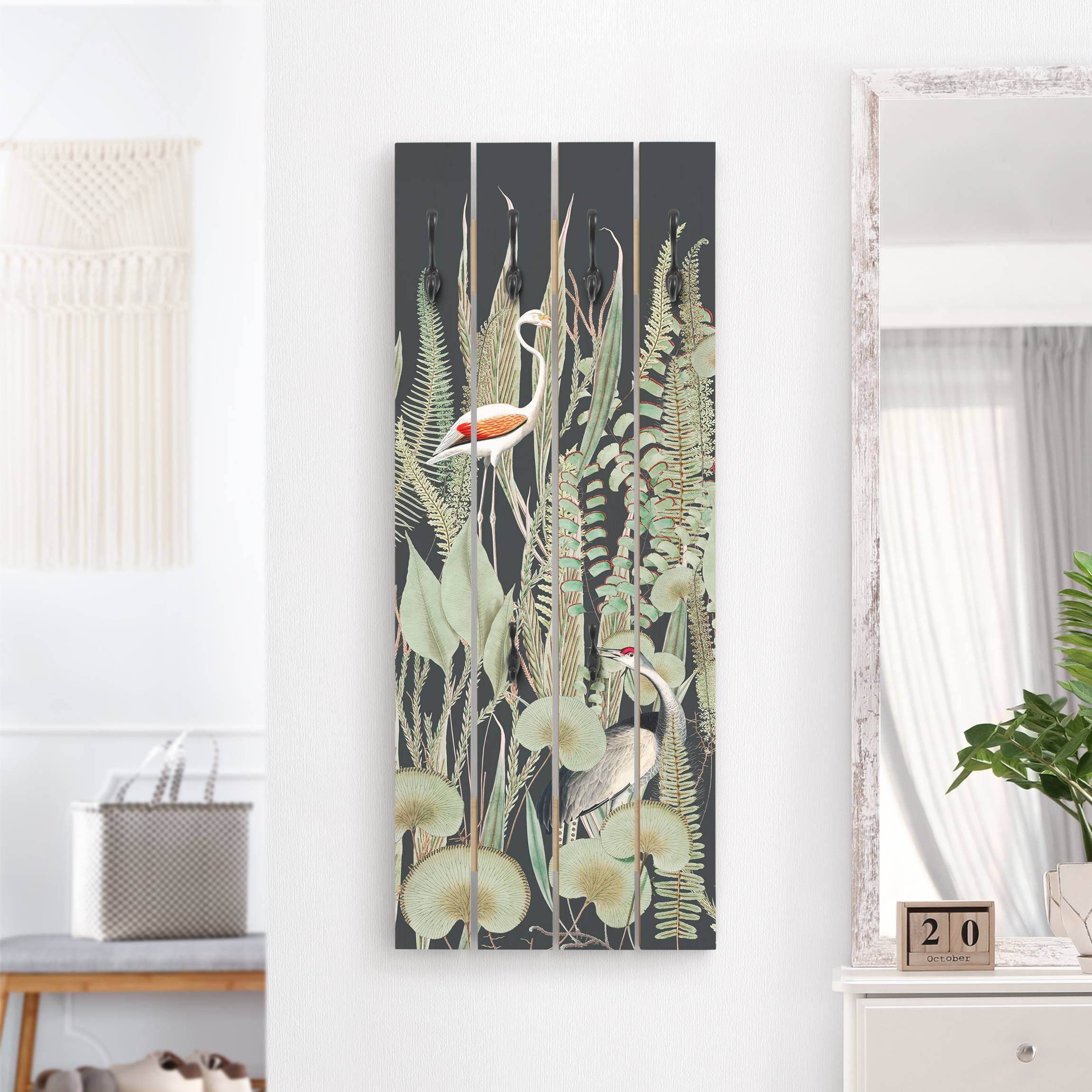 Wandgarderobe Flamingo und Storch mit Pflanzen auf Grün