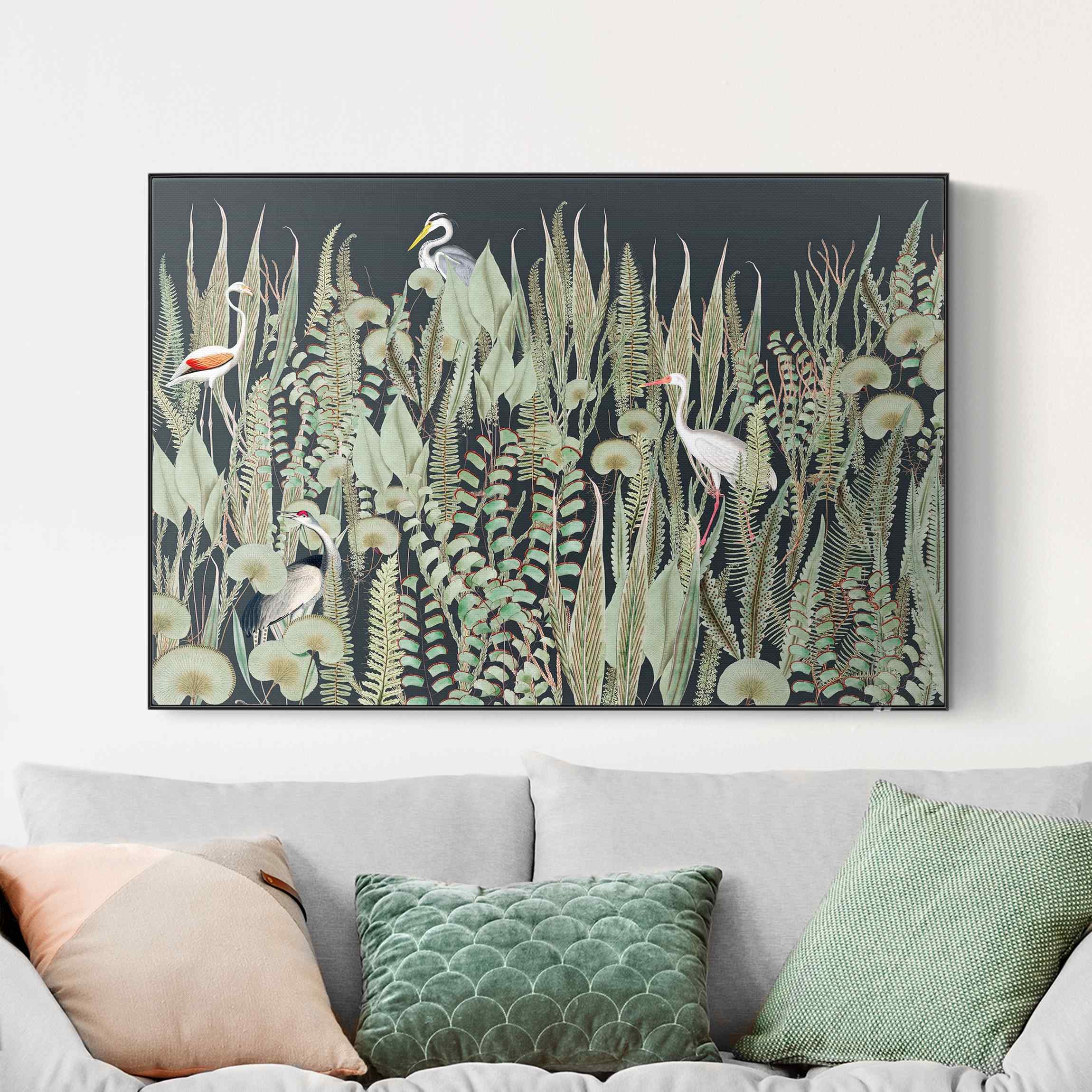 Akustik-Wechselbild Flamingo und Storch mit Pflanzen auf Grün