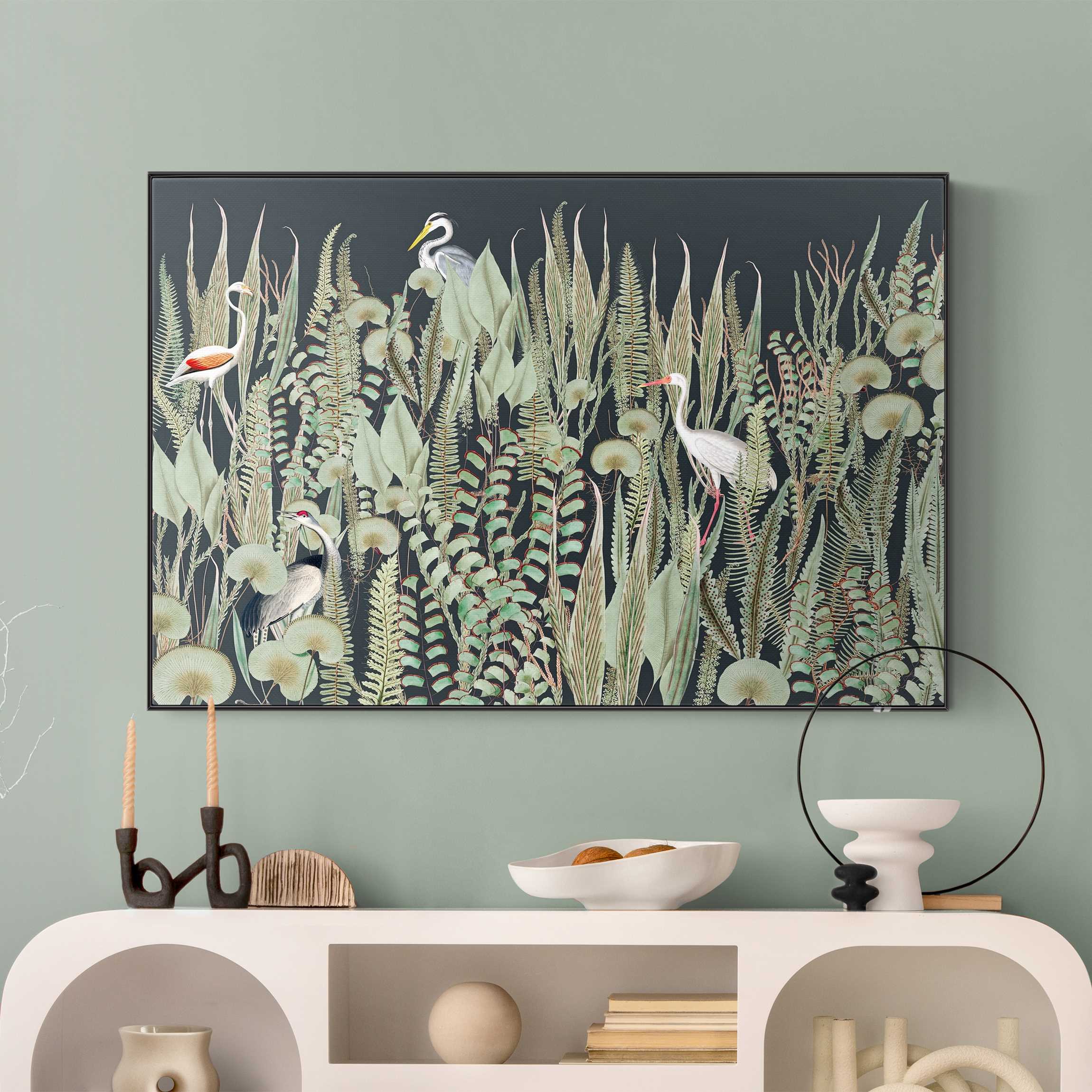 Akustik-Wechselbild Flamingo und Storch mit Pflanzen auf Grün