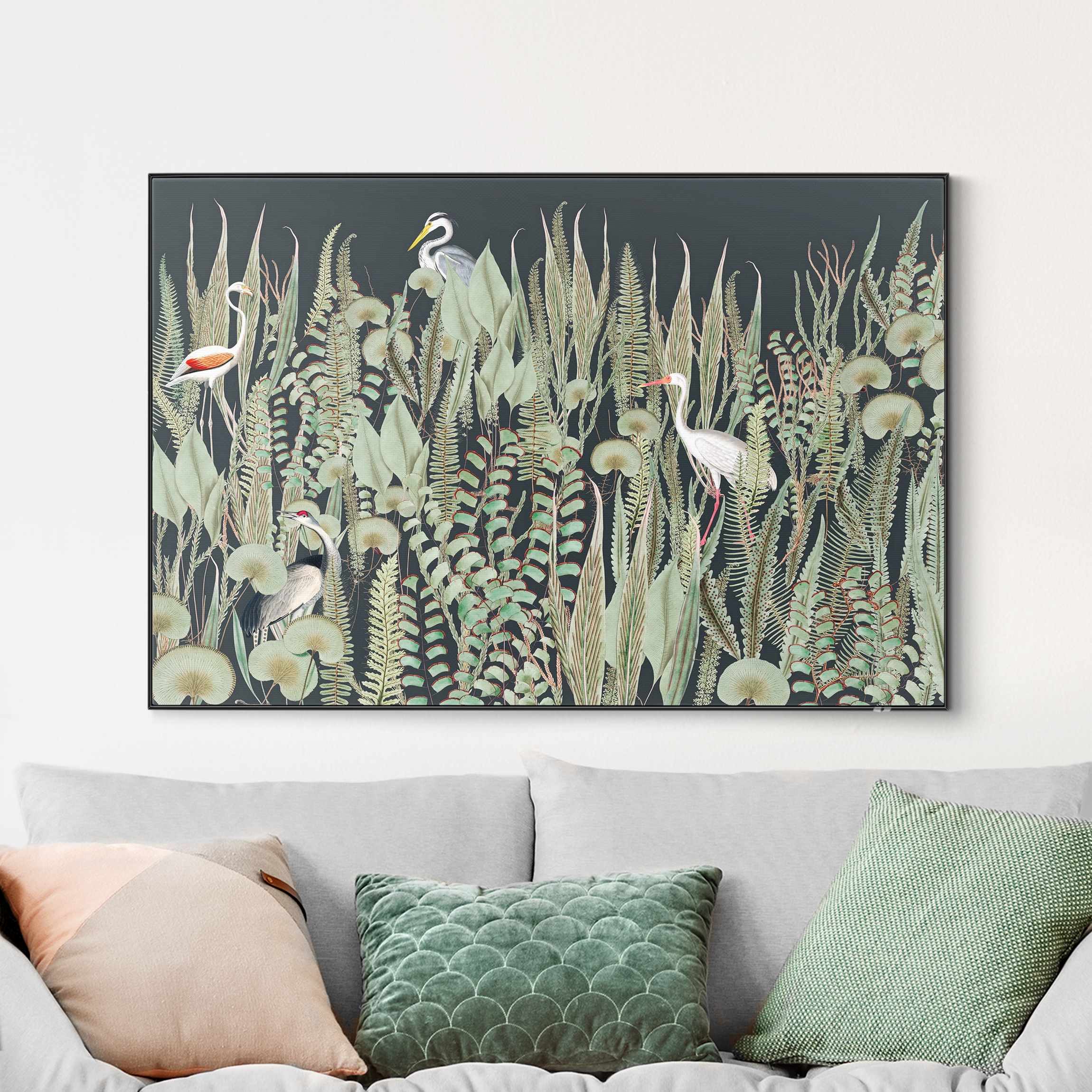 Wechselbild Flamingo und Storch mit Pflanzen auf Grün