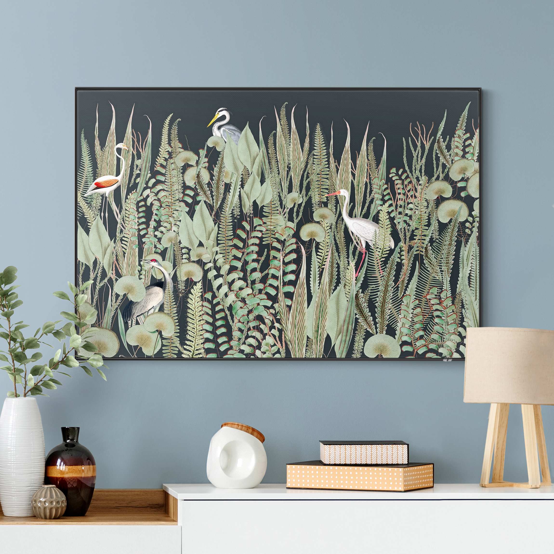 Wechselbild Flamingo und Storch mit Pflanzen auf Grün