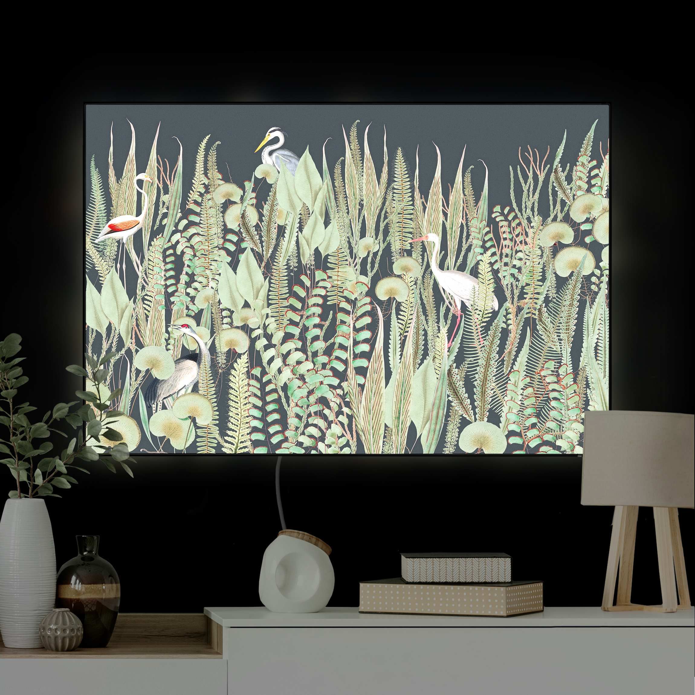 LED-Wechselbild Flamingo und Storch mit Pflanzen auf Grün