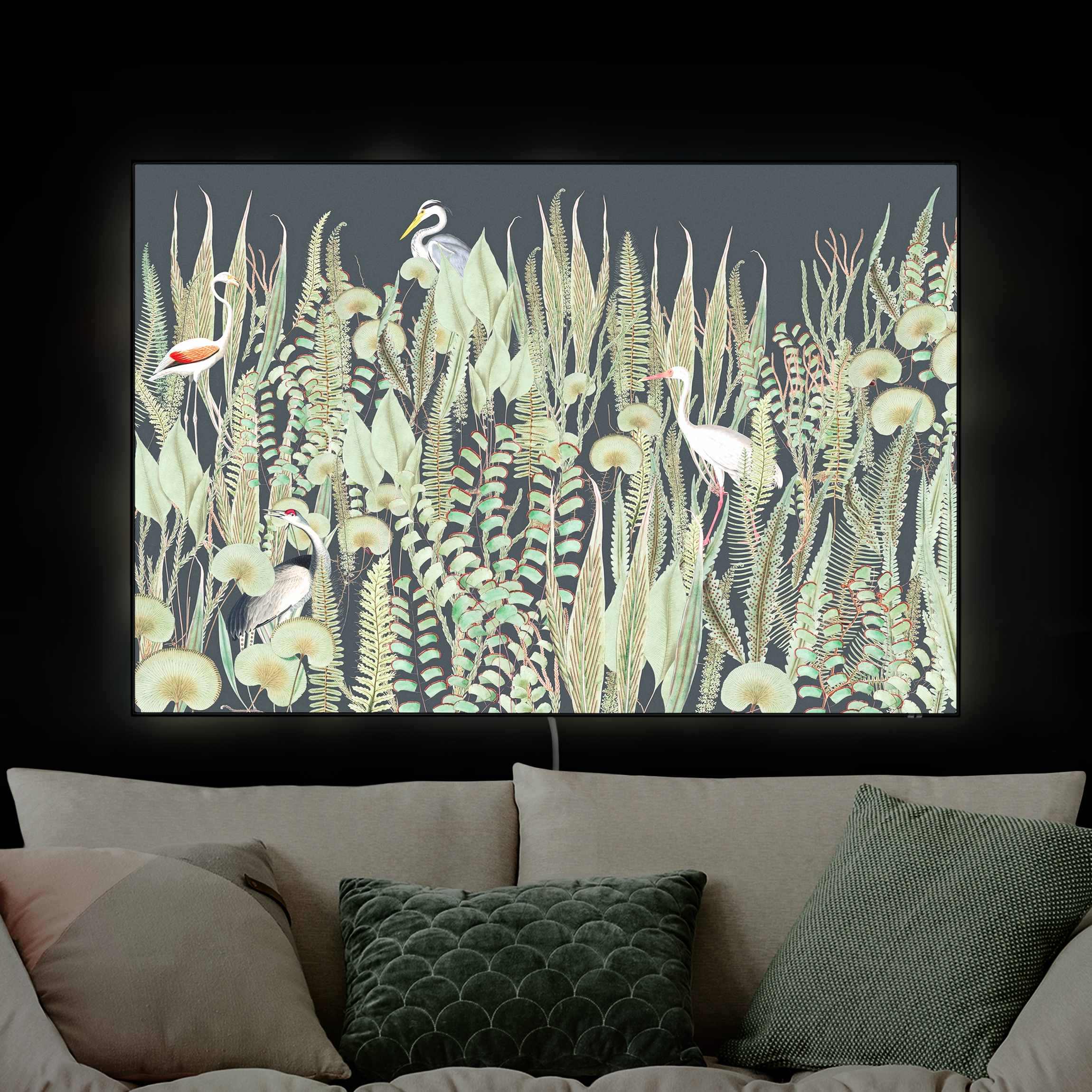 LED-Wechselbild Flamingo und Storch mit Pflanzen auf Grün