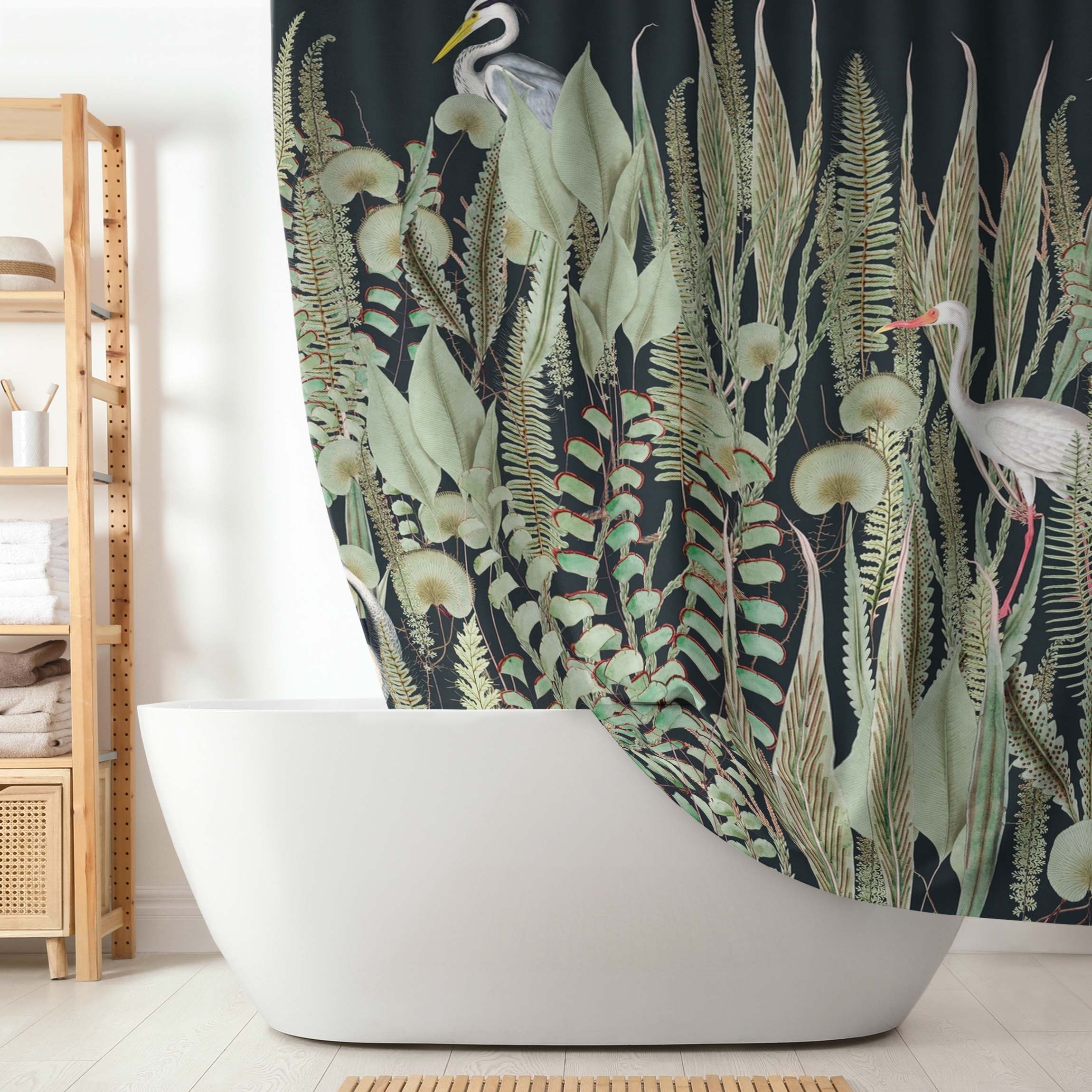 Duschvorhang Flamingo und Storch mit Pflanzen auf Grün
