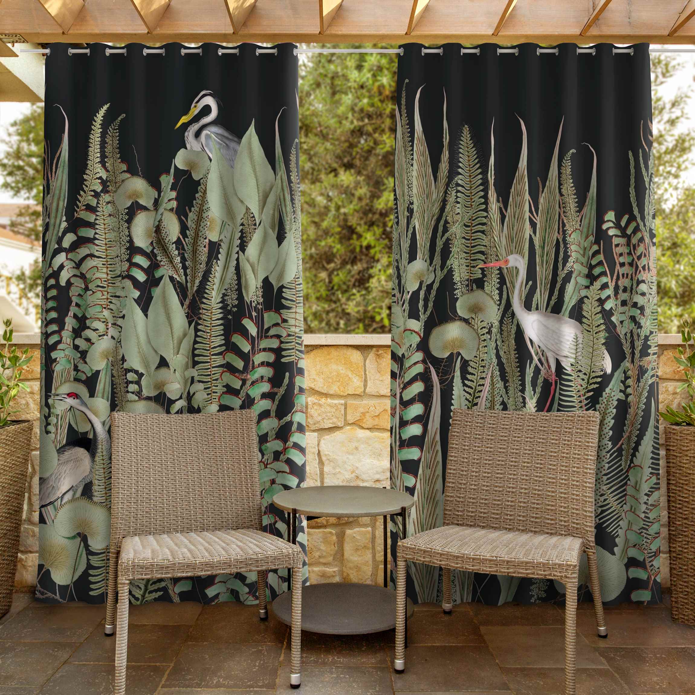 Outdoorvorhang Flamingo und Storch mit Pflanzen auf Grün