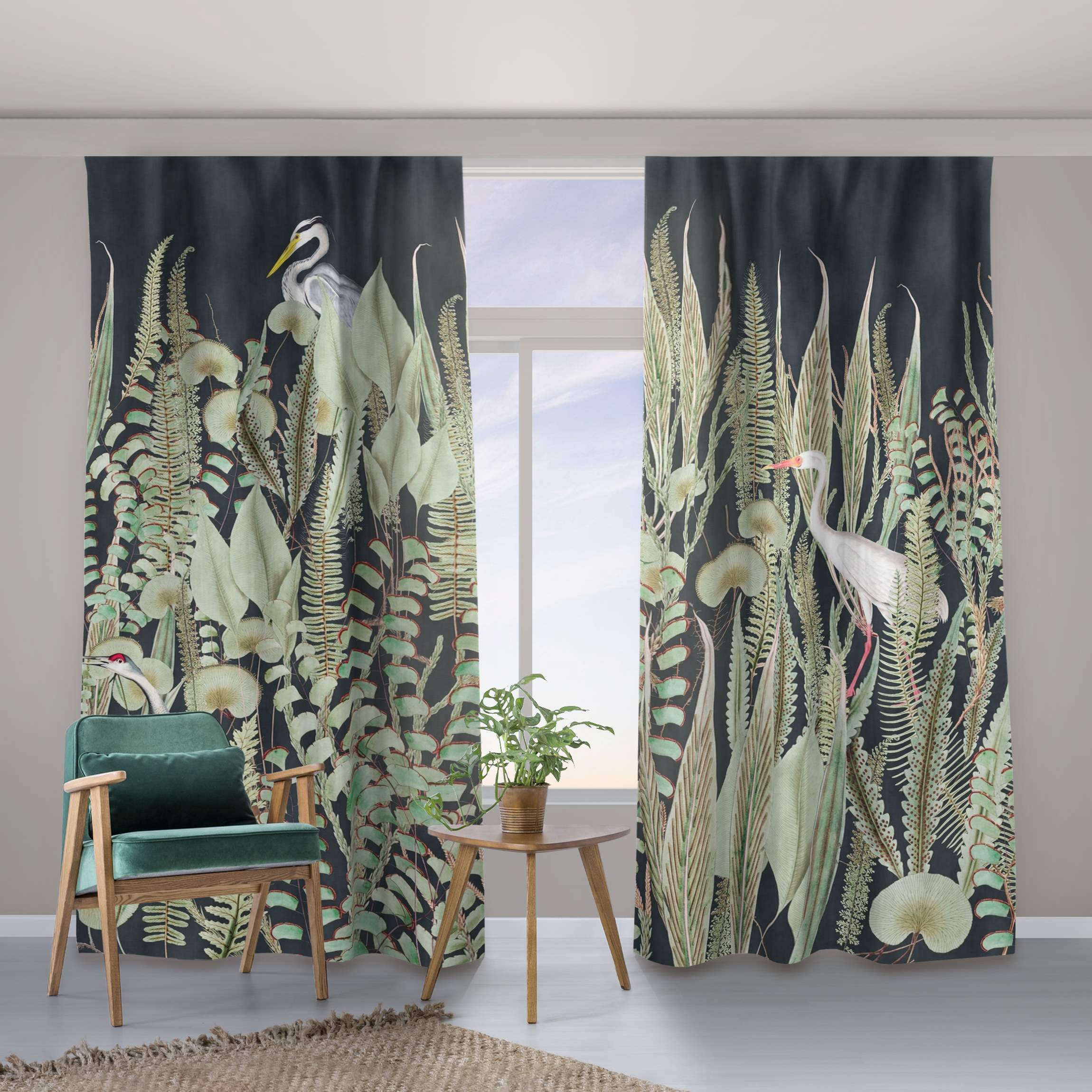 Vorhang Flamingo und Storch mit Pflanzen auf Grün
