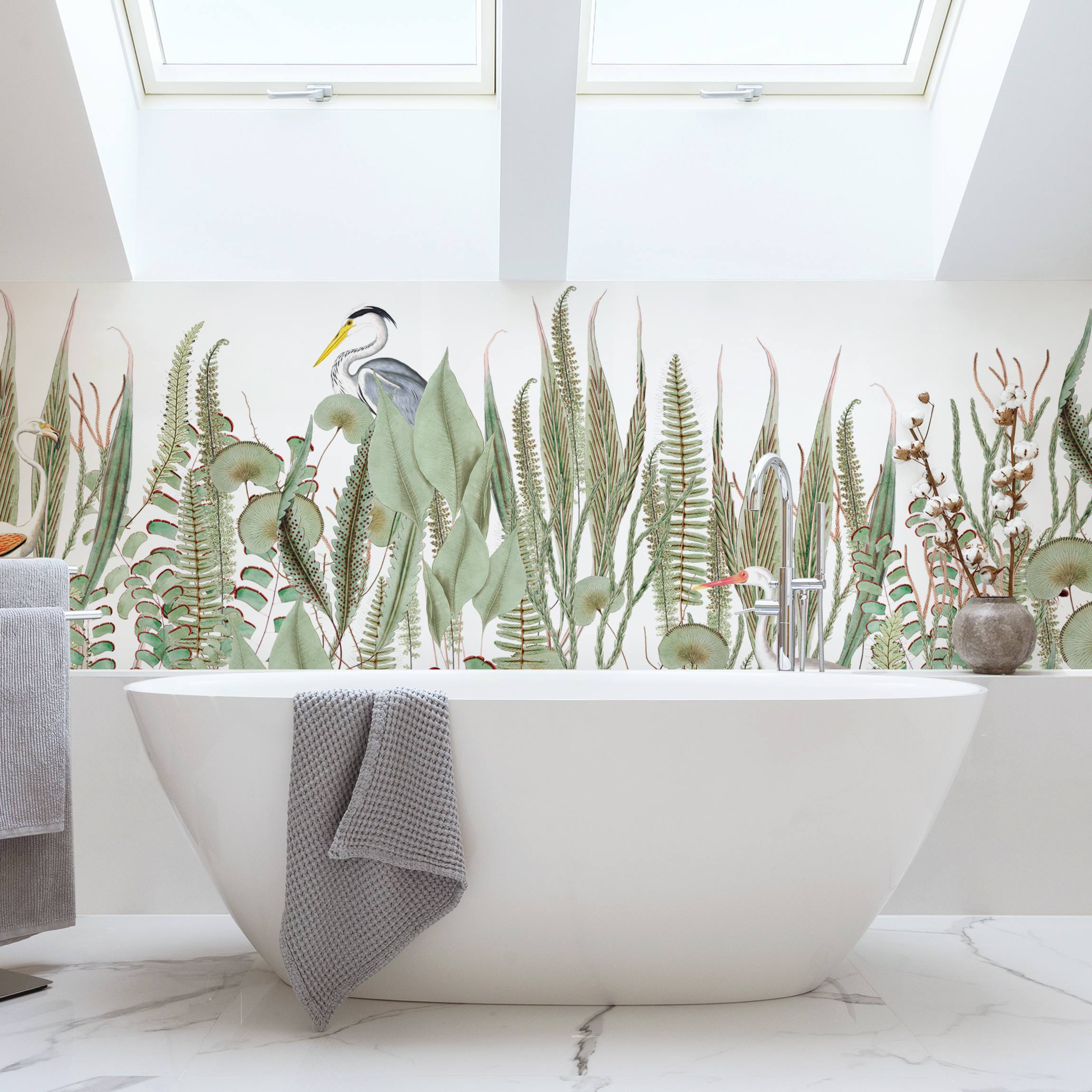 Wandverkleidung Bad Flamingo und Storch mit Pflanzen