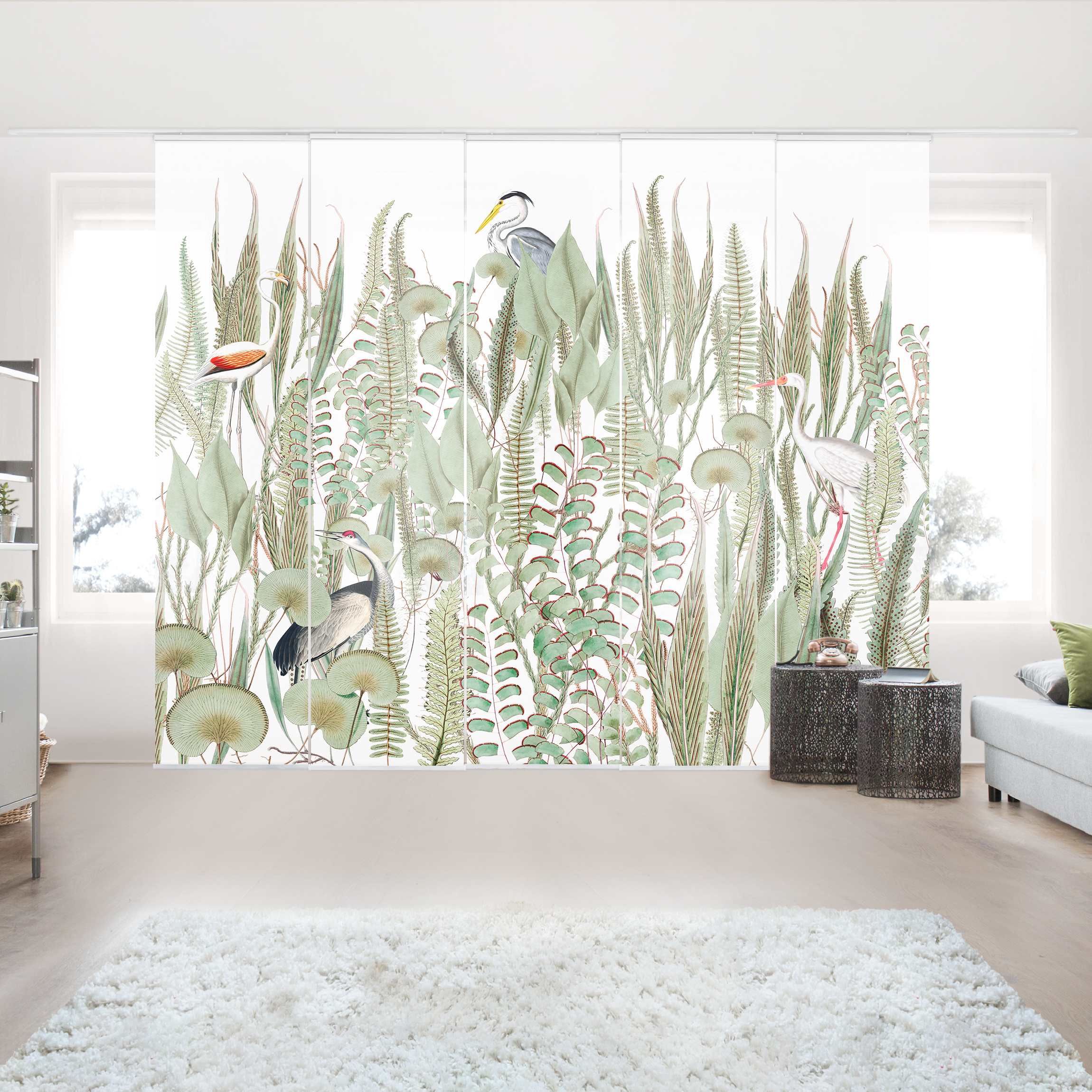 Schiebegardine Flamingo und Storch mit Pflanzen