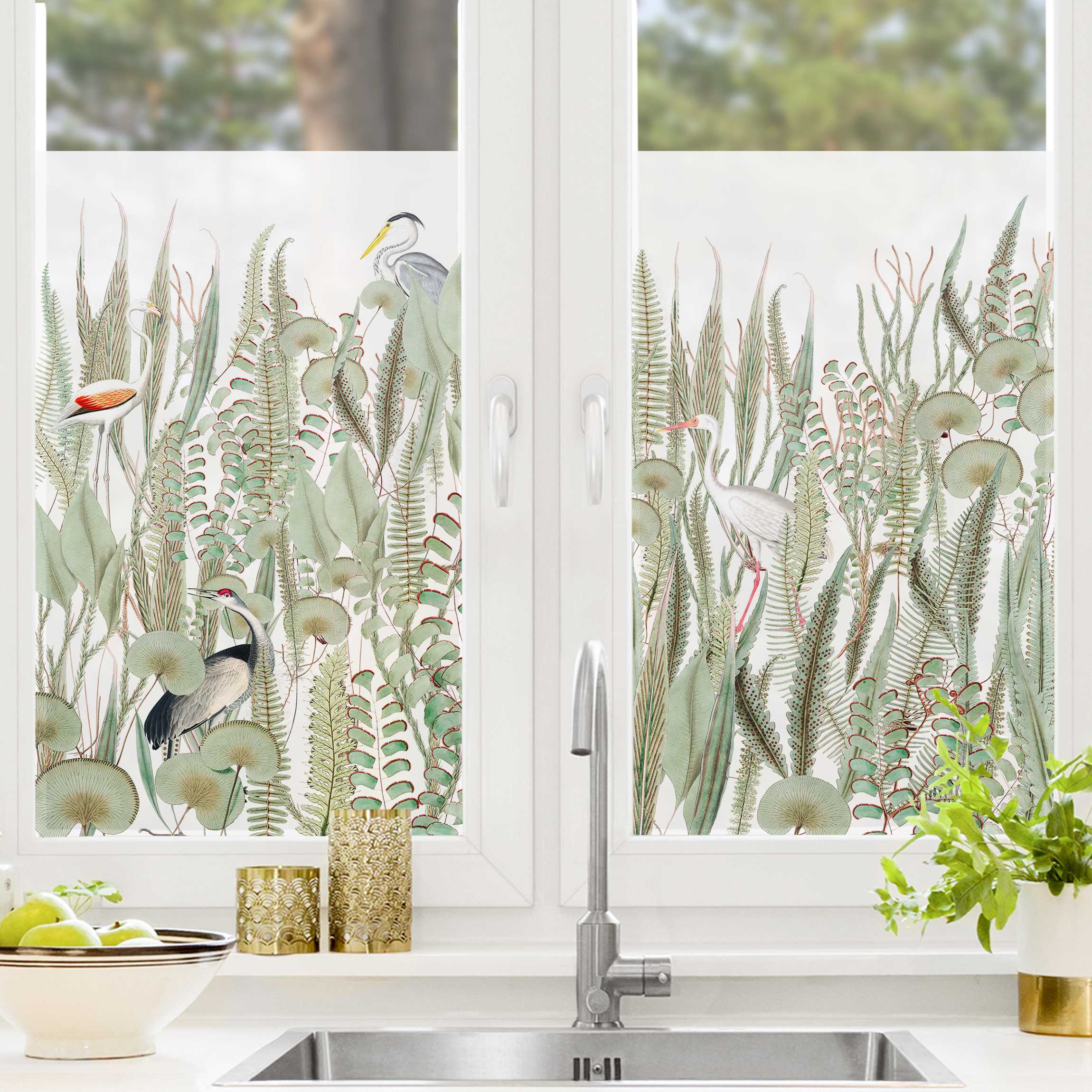 Fensterfolie Flamingo und Storch mit Pflanzen
