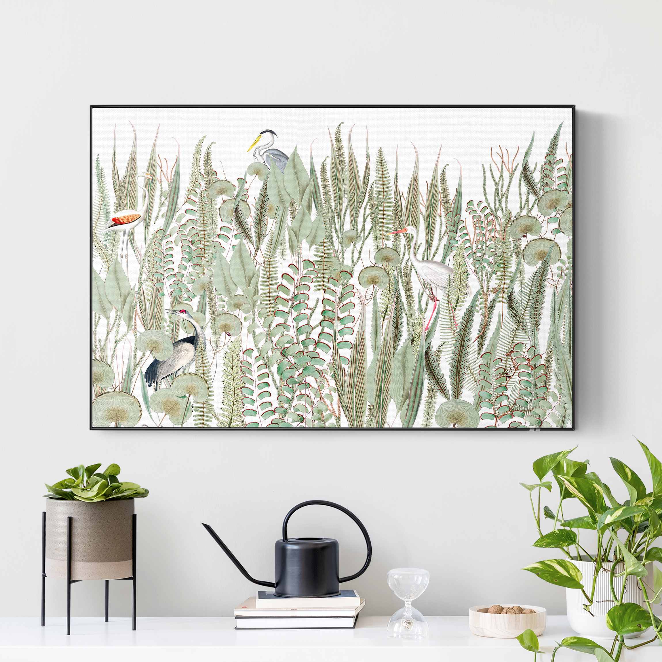 Akustik-Wechselbild Flamingo und Storch mit Pflanzen