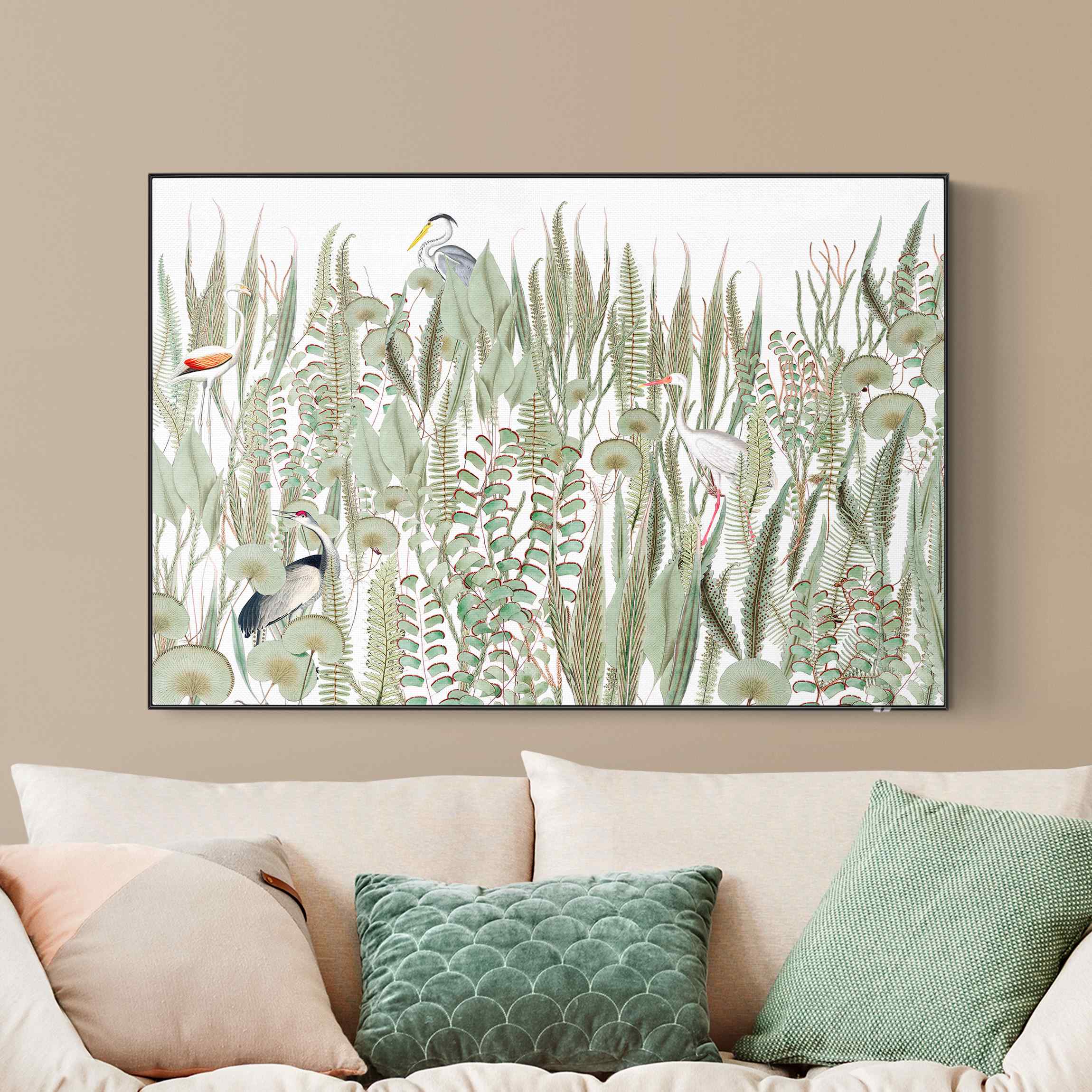 Akustik-Wechselbild Flamingo und Storch mit Pflanzen