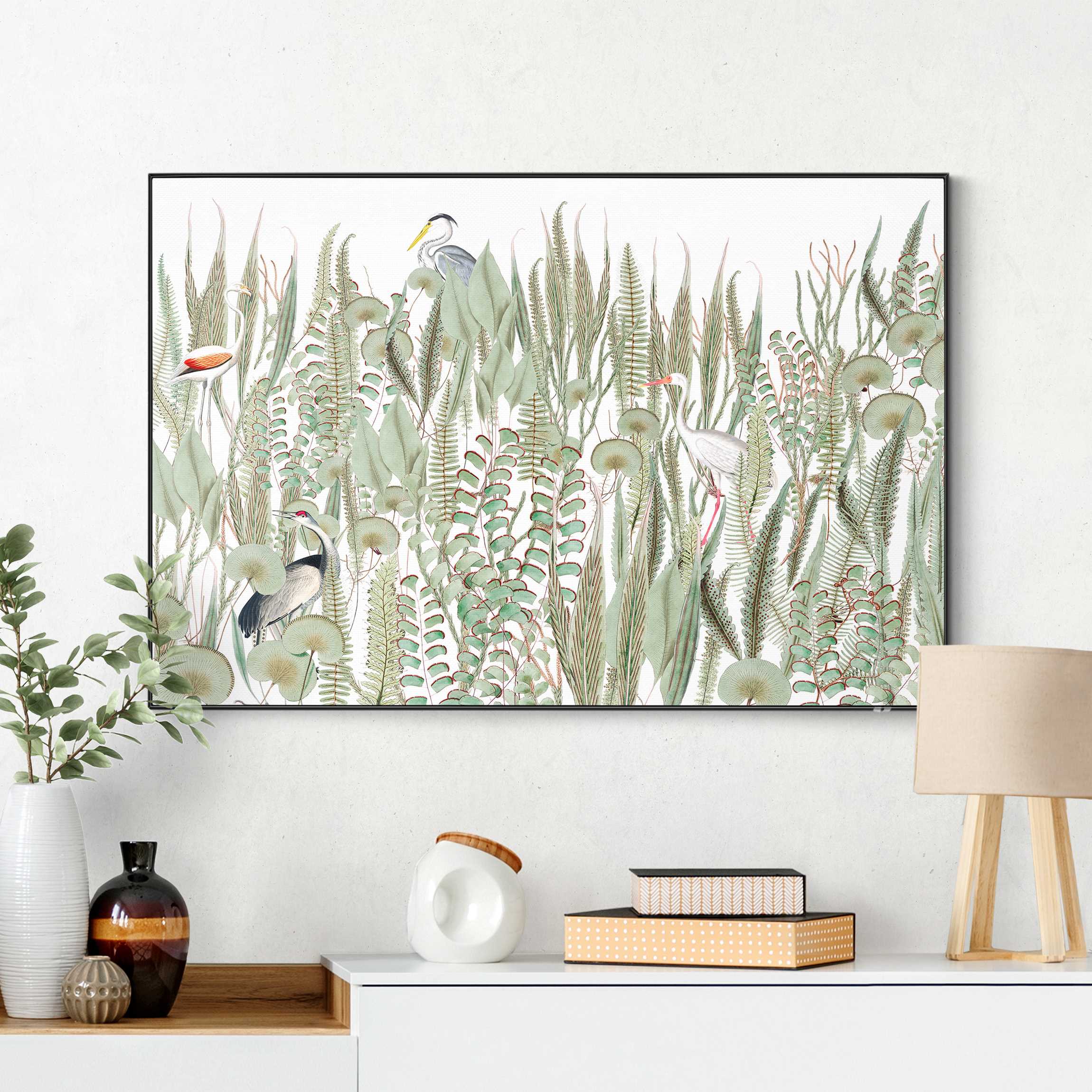 Wechselbild Flamingo und Storch mit Pflanzen