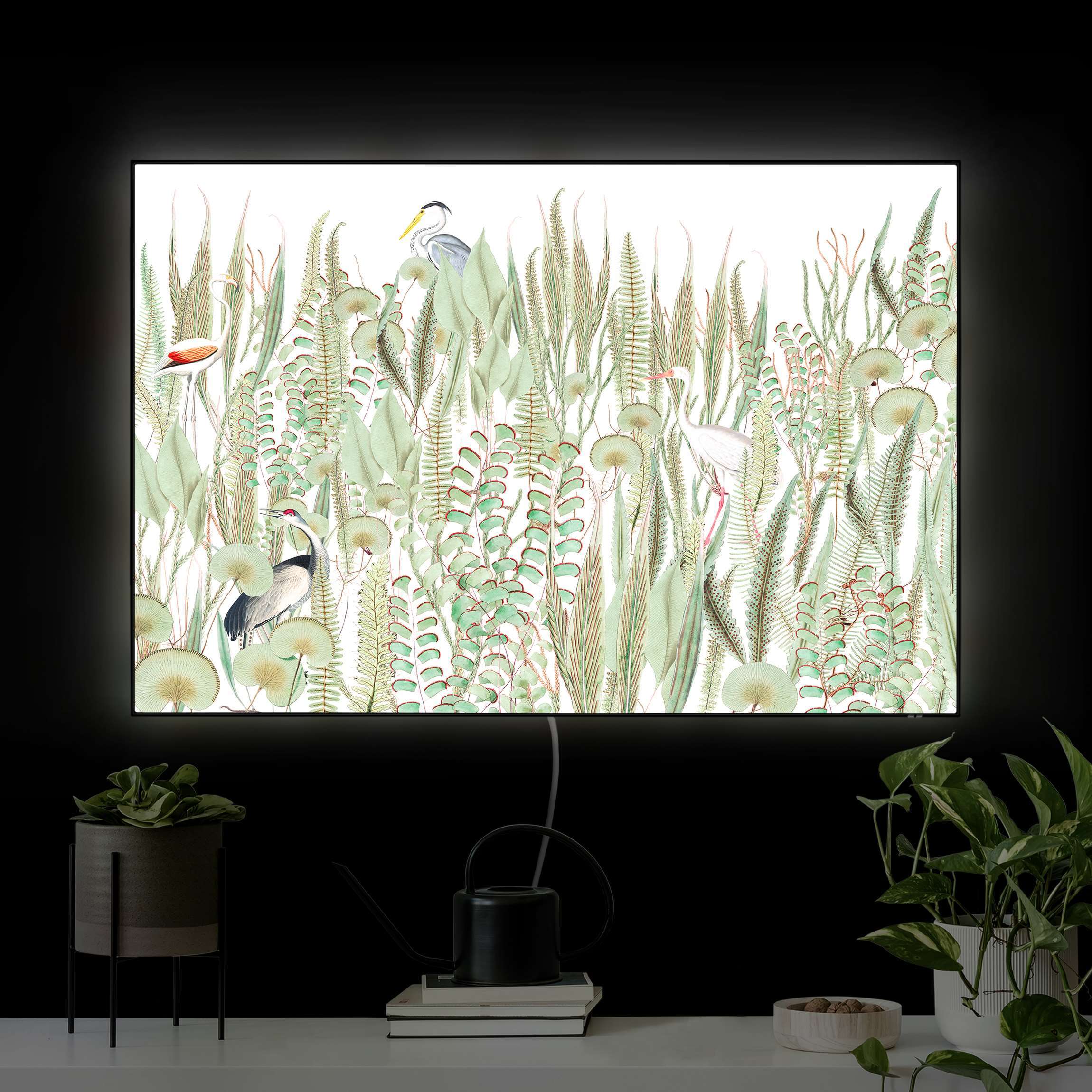 LED-Wechselbild Flamingo und Storch mit Pflanzen