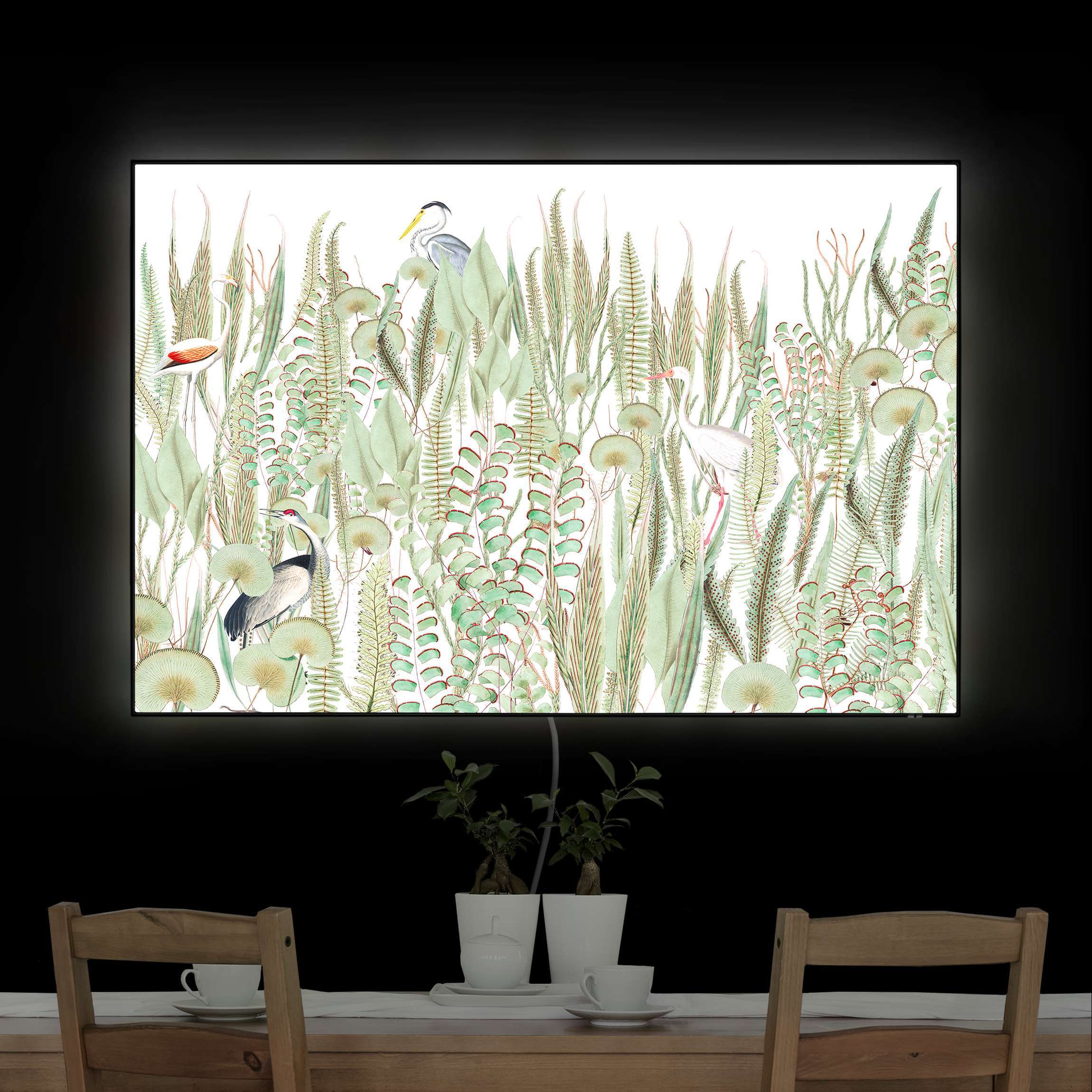 LED-Wechselbild Flamingo und Storch mit Pflanzen