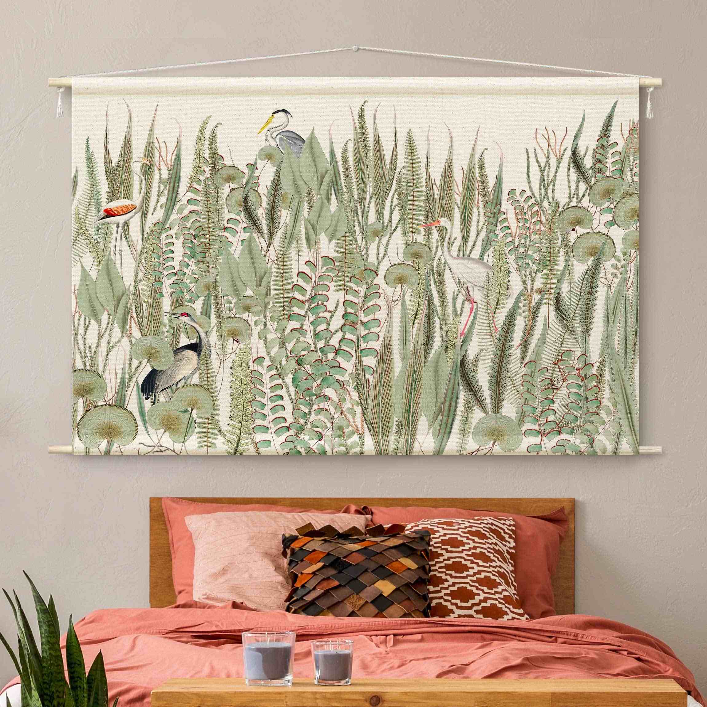 Wandteppich Flamingo und Storch mit Pflanzen