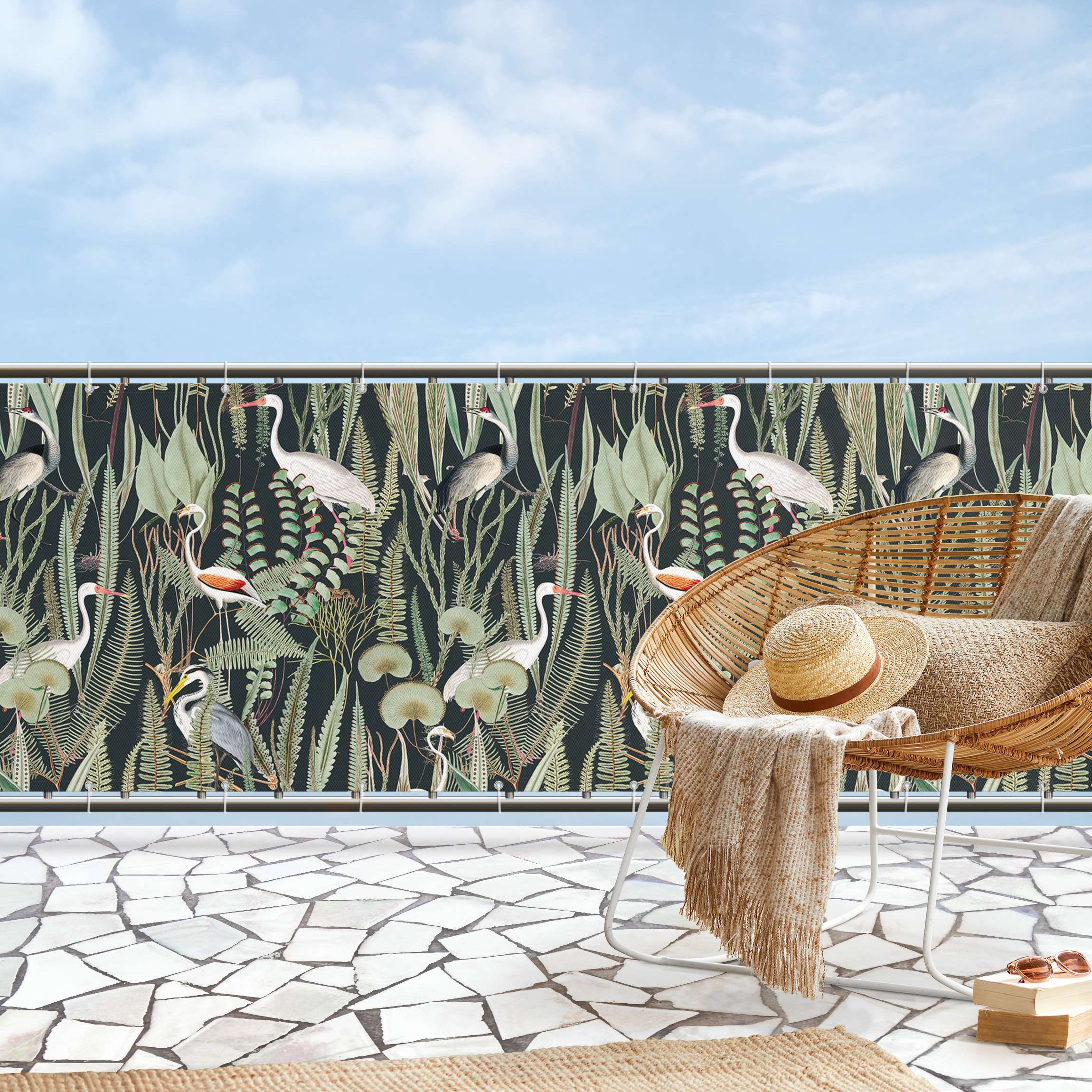 Balkon Sichtschutz Flamingos und Störche mit Pflanzen auf Grün