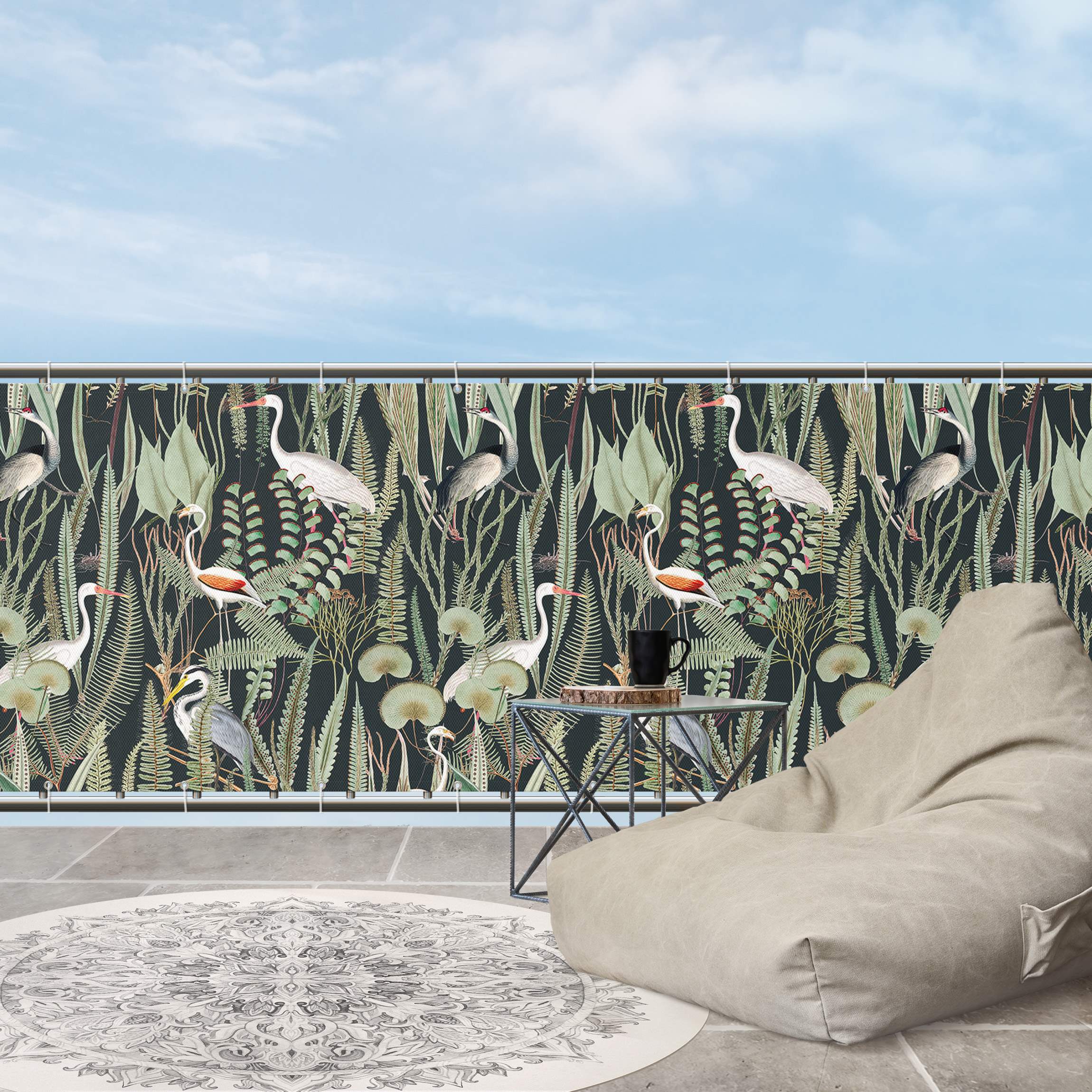 Balkon Sichtschutz Flamingos und Störche mit Pflanzen auf Grün