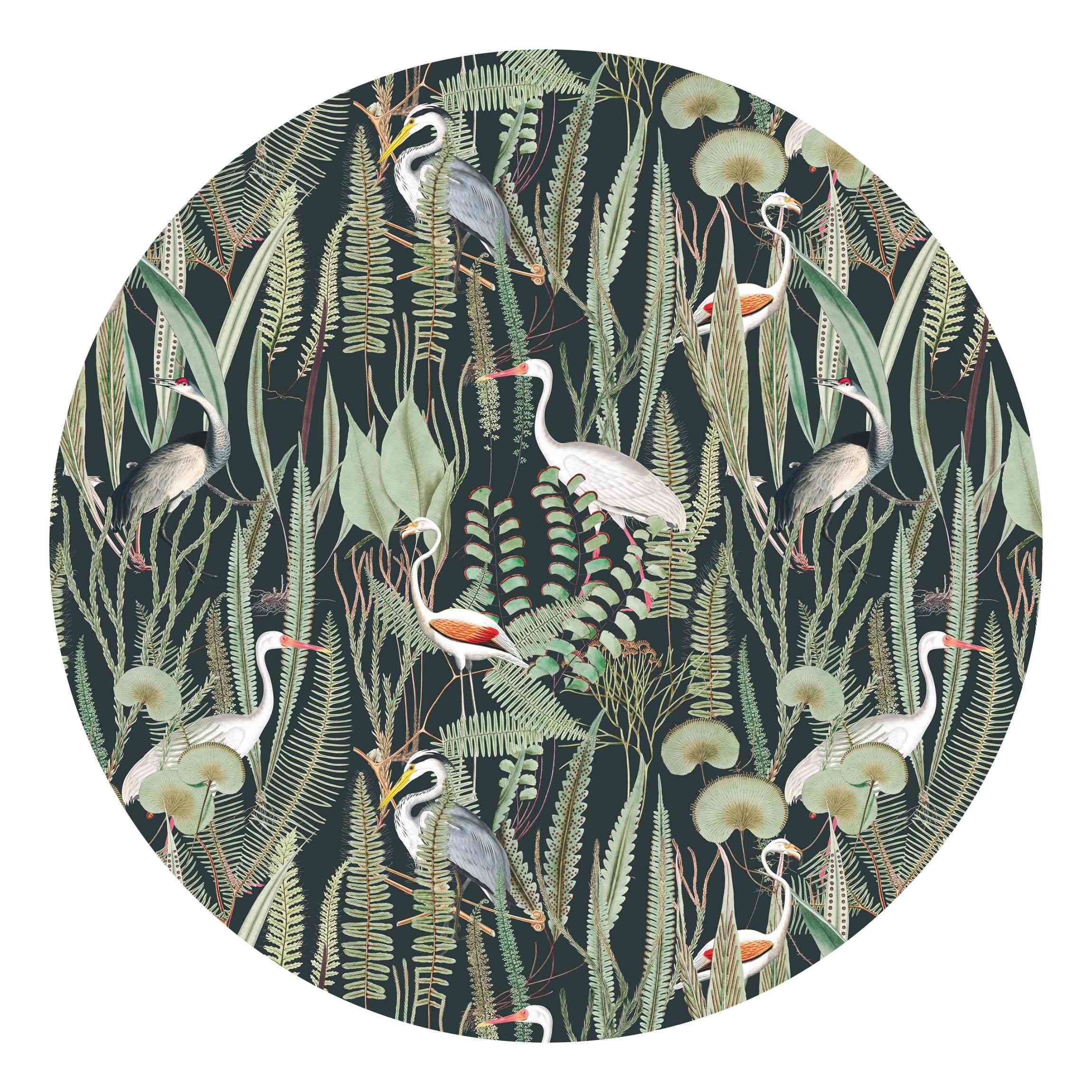 Runde Mustertapete Flamingos und Störche mit Pflanzen auf Grün