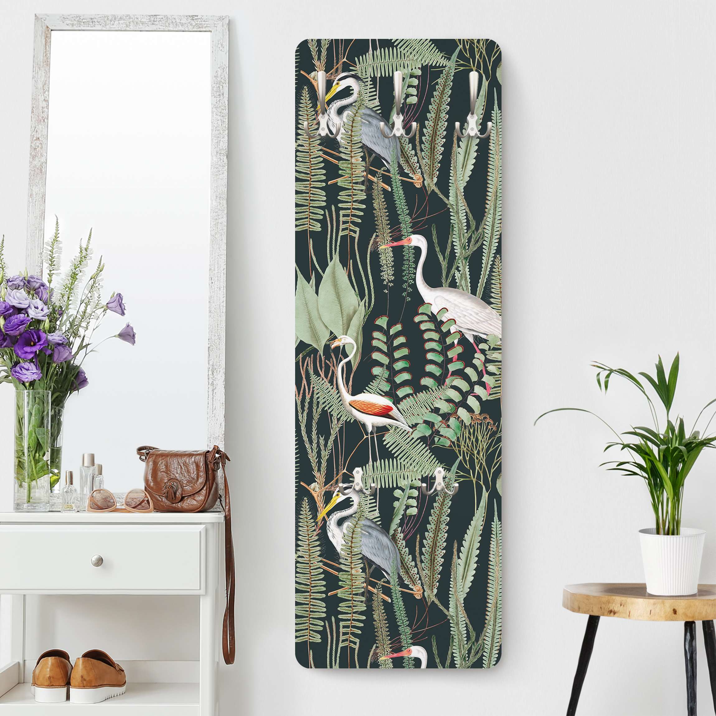 Wandgarderobe Flamingos und Störche mit Pflanzen auf Grün