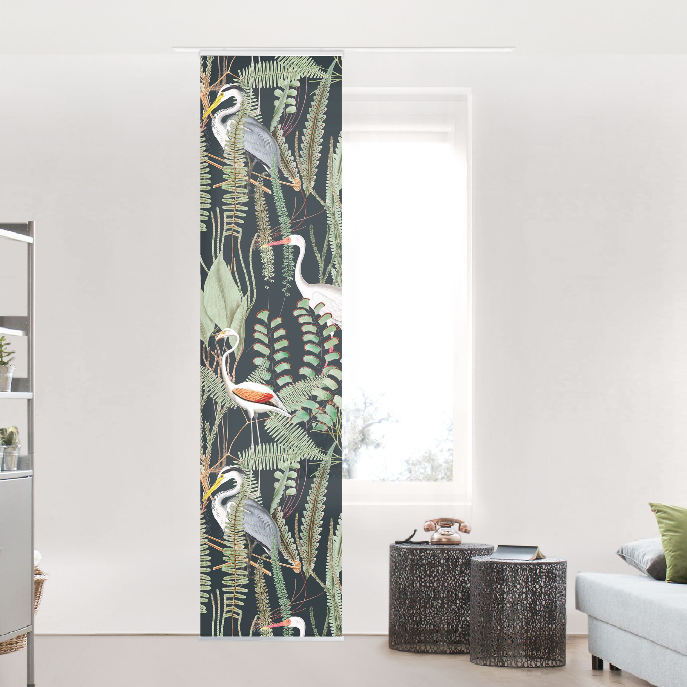 Schiebegardine Flamingos und Störche mit Pflanzen auf Grün
