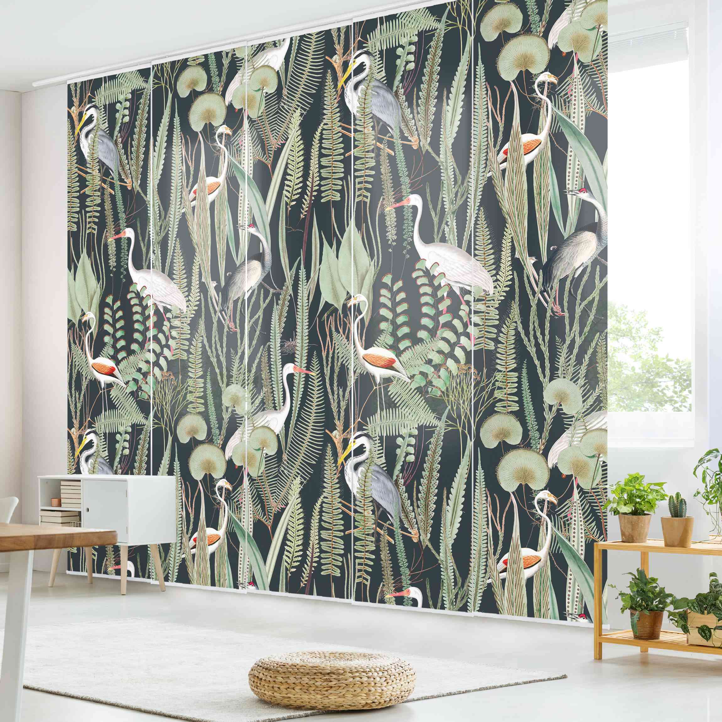 Schiebegardine Flamingos und Störche mit Pflanzen auf Grün