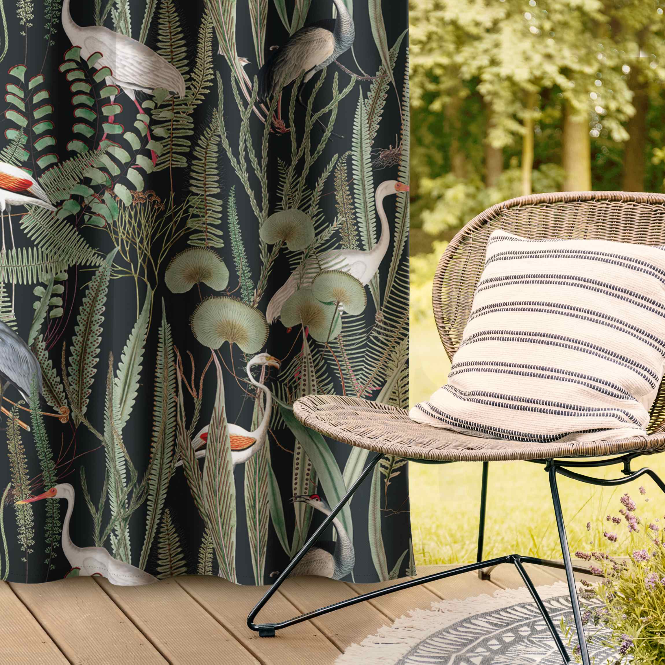 Outdoorvorhang Flamingos und Störche mit Pflanzen auf Grün