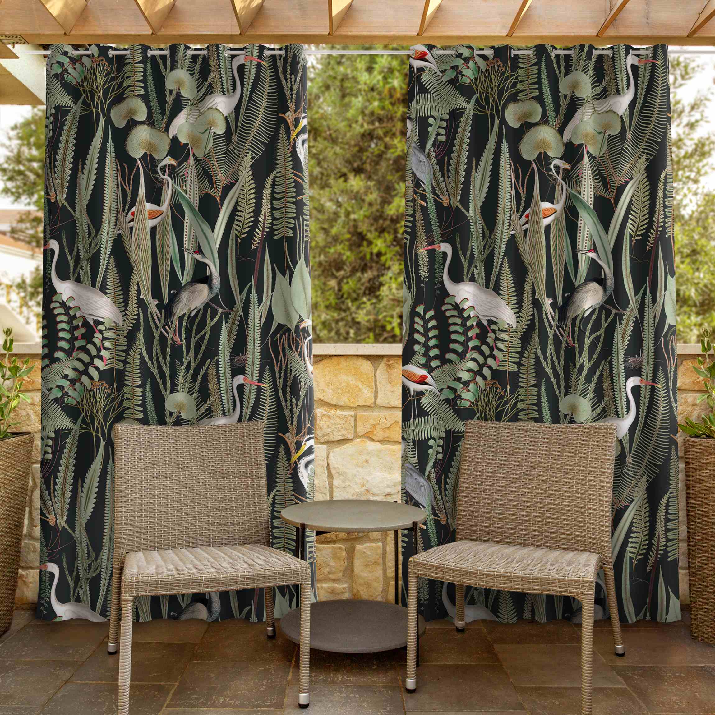 Outdoorvorhang Flamingos und Störche mit Pflanzen auf Grün