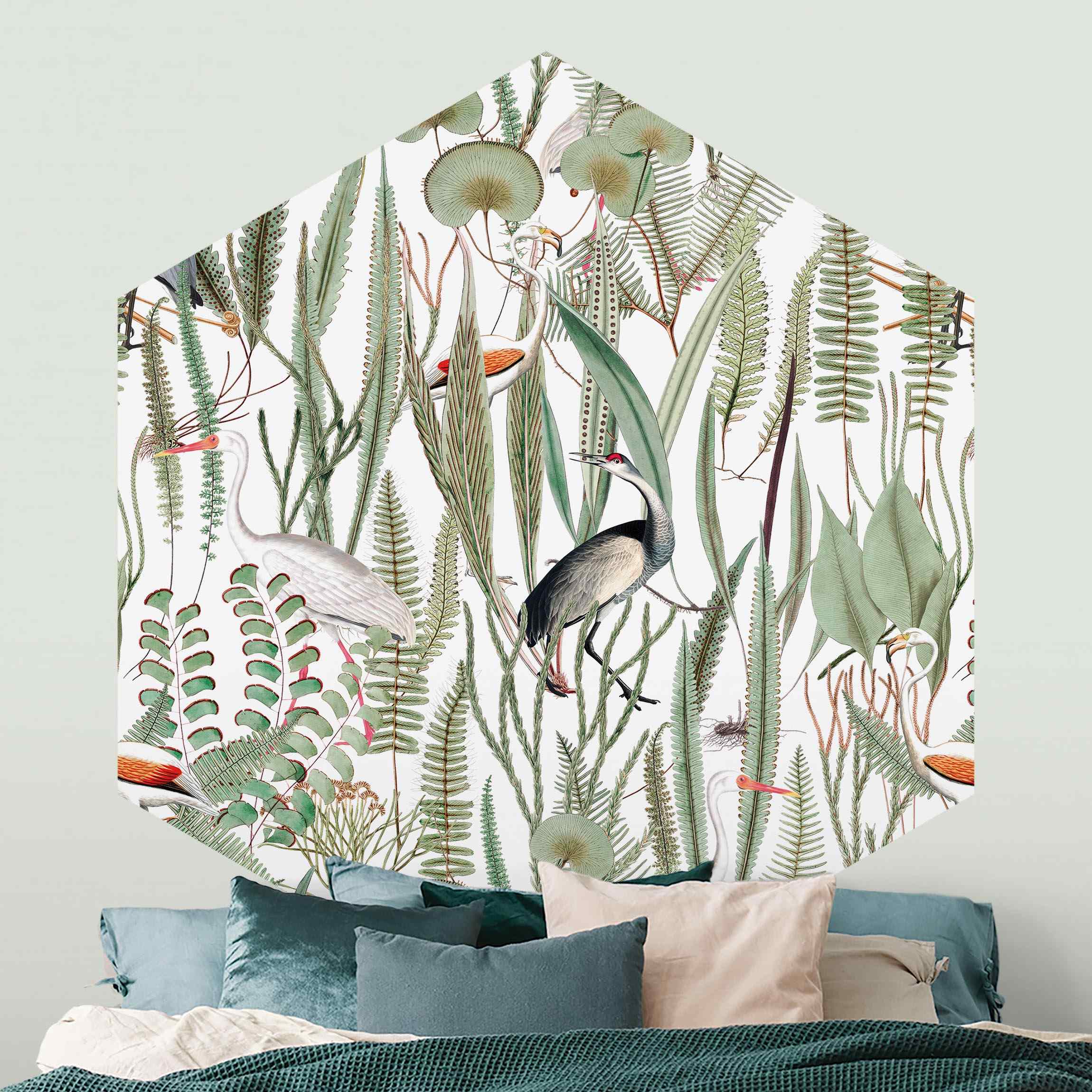 Hexagon Mustertapete selbstklebend Flamingos und Störche mit Pflanzen