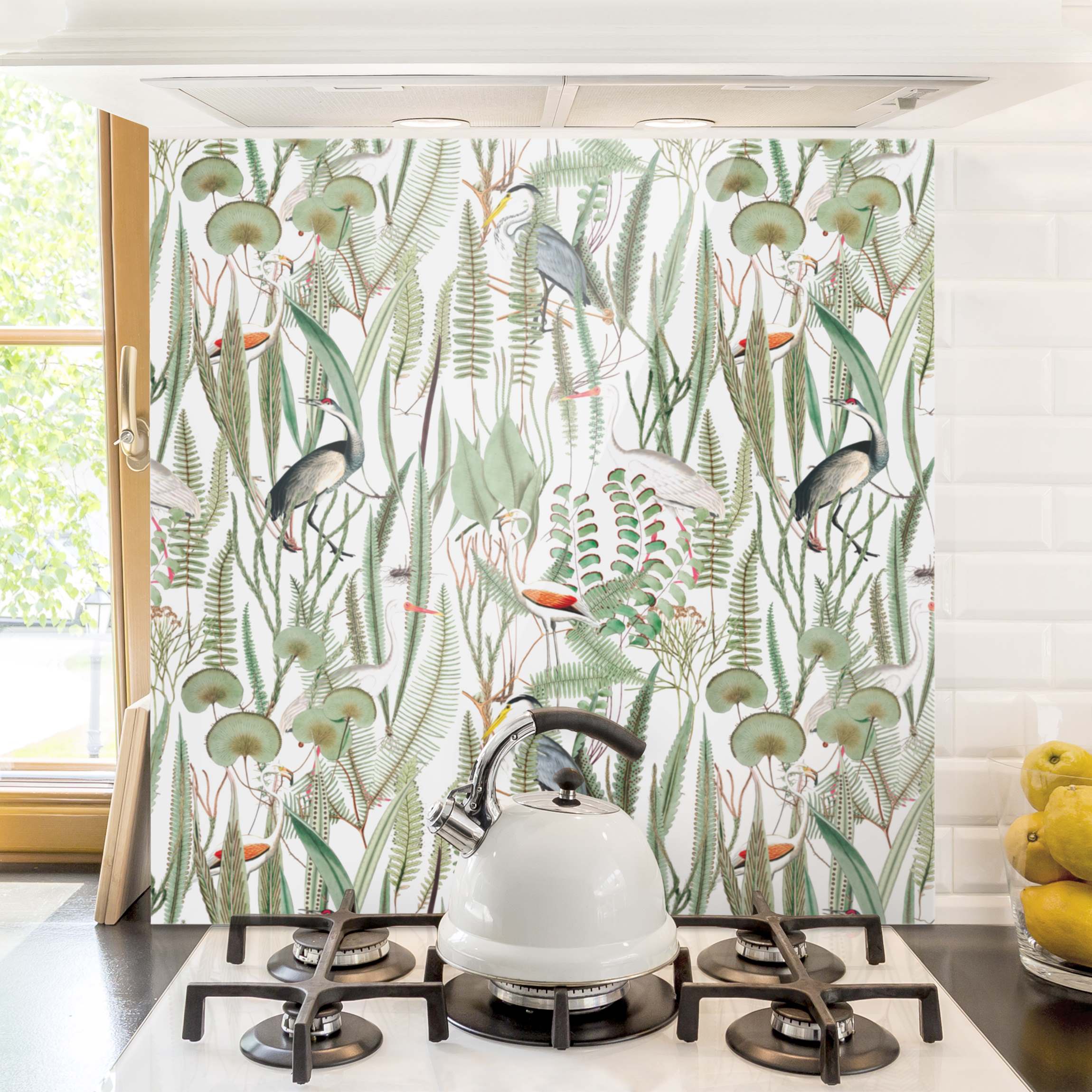 Glas Spritzschutz Flamingos und Störche mit Pflanzen