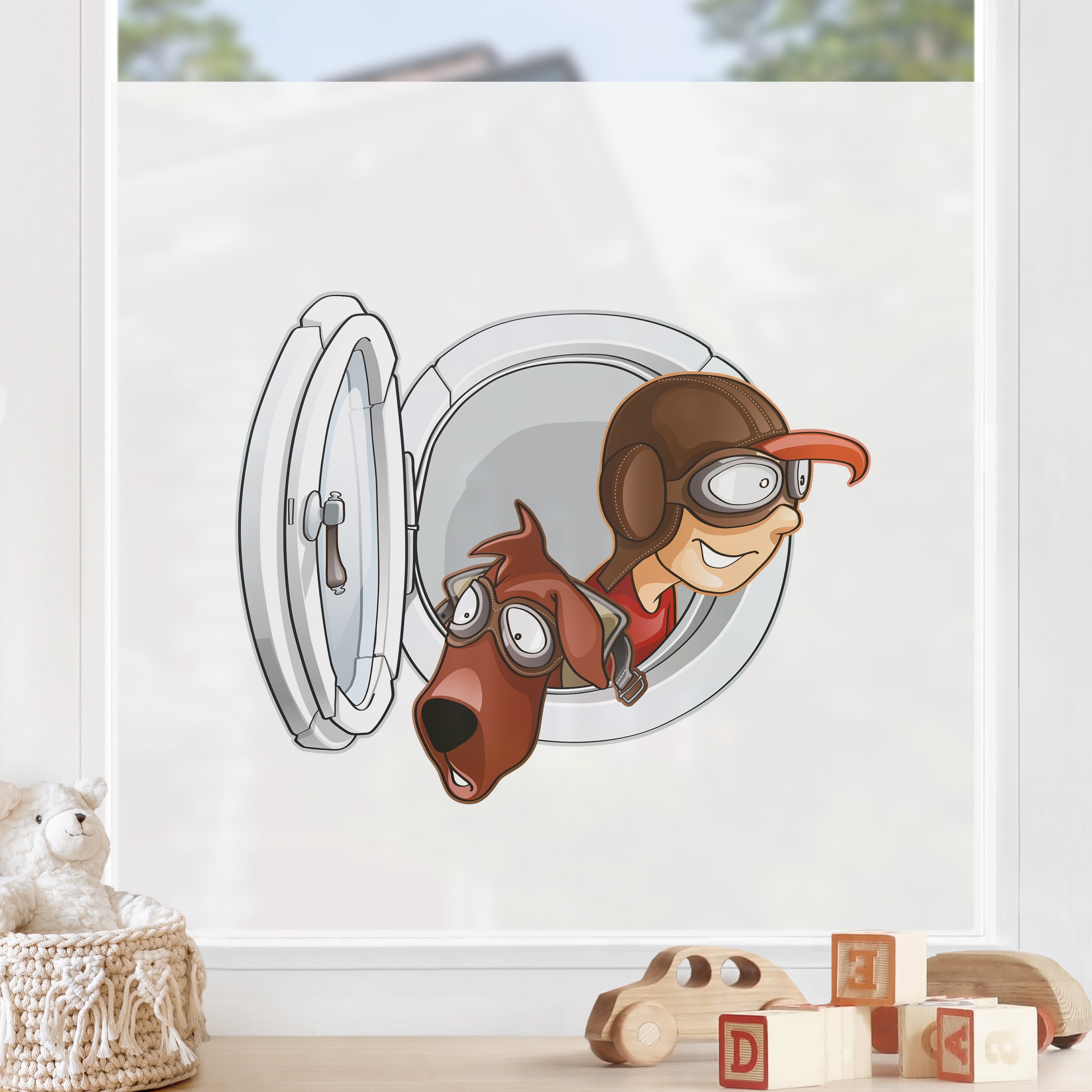 Fensterfolie Fliegender Bauernhof Junge und Hund