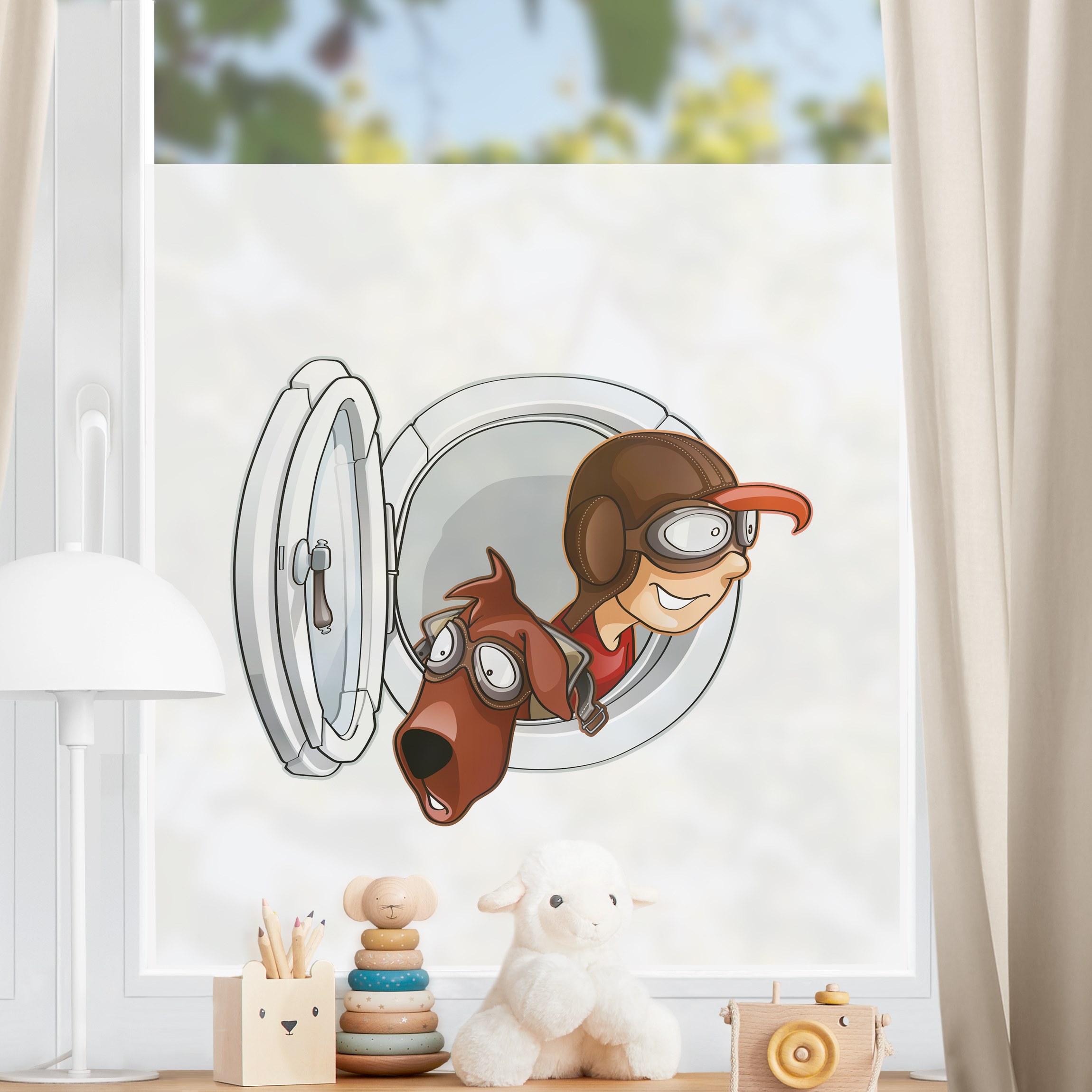 Fensterfolie Fliegender Bauernhof Junge und Hund