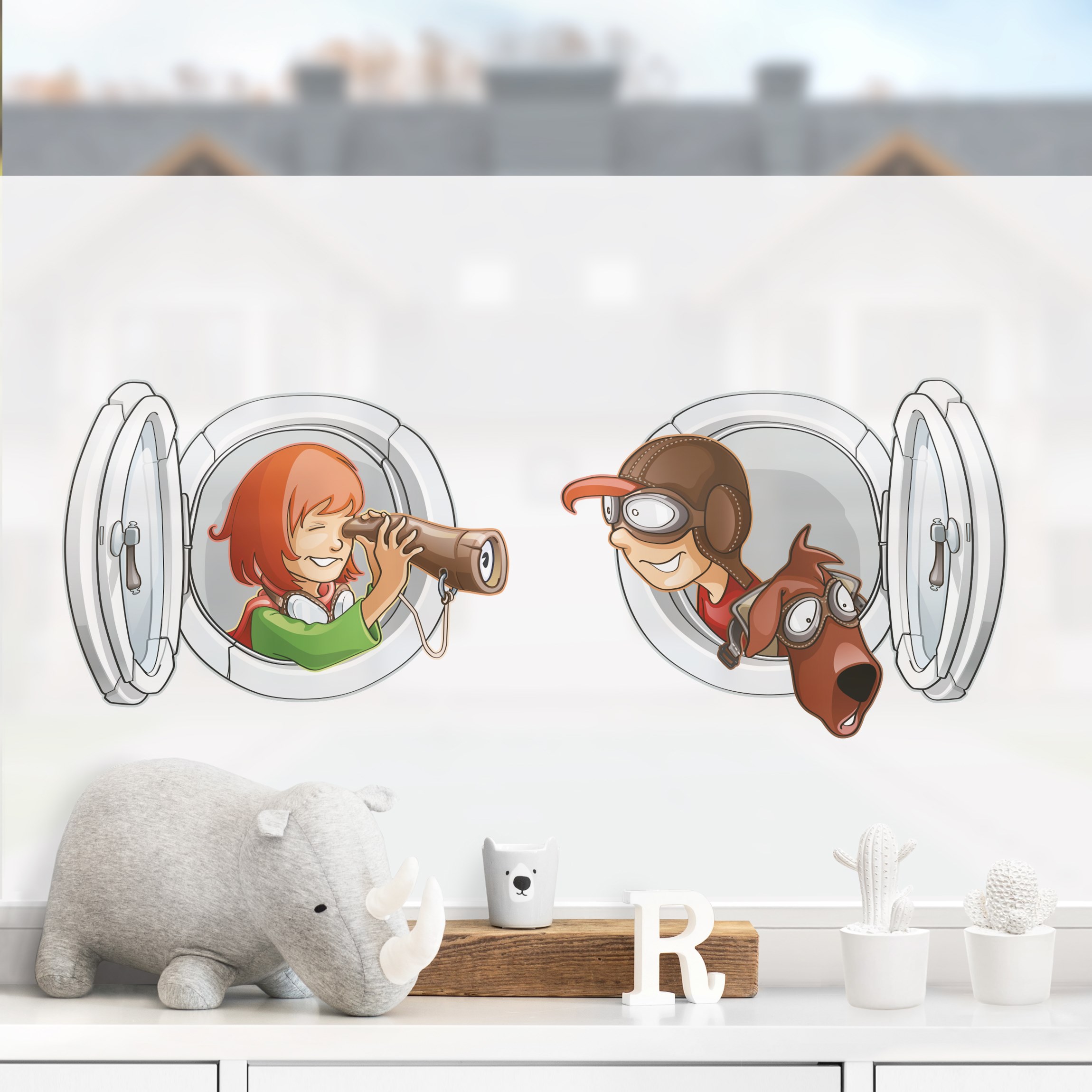 Fensterfolie Fliegender Bauernhof Luken-Mädchen Junge mit Hund