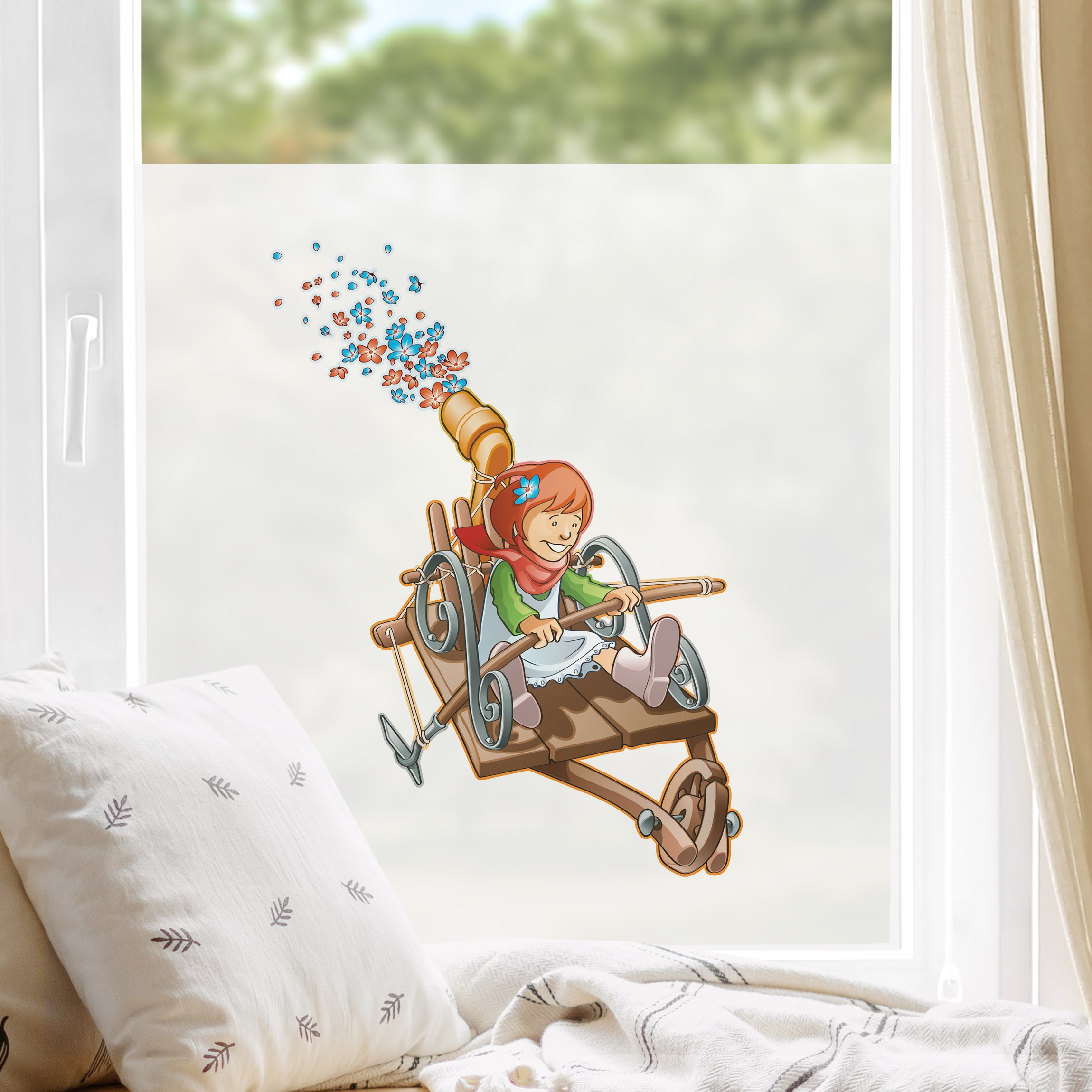 Fensterfolie Fliegender Bauernhof Mädchenflugmaschine