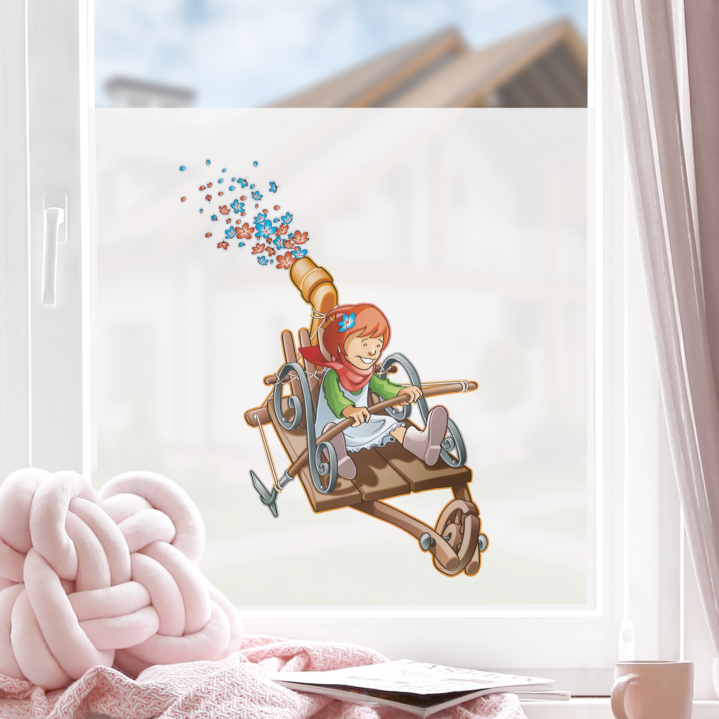 Fensterfolie Fliegender Bauernhof Mädchenflugmaschine