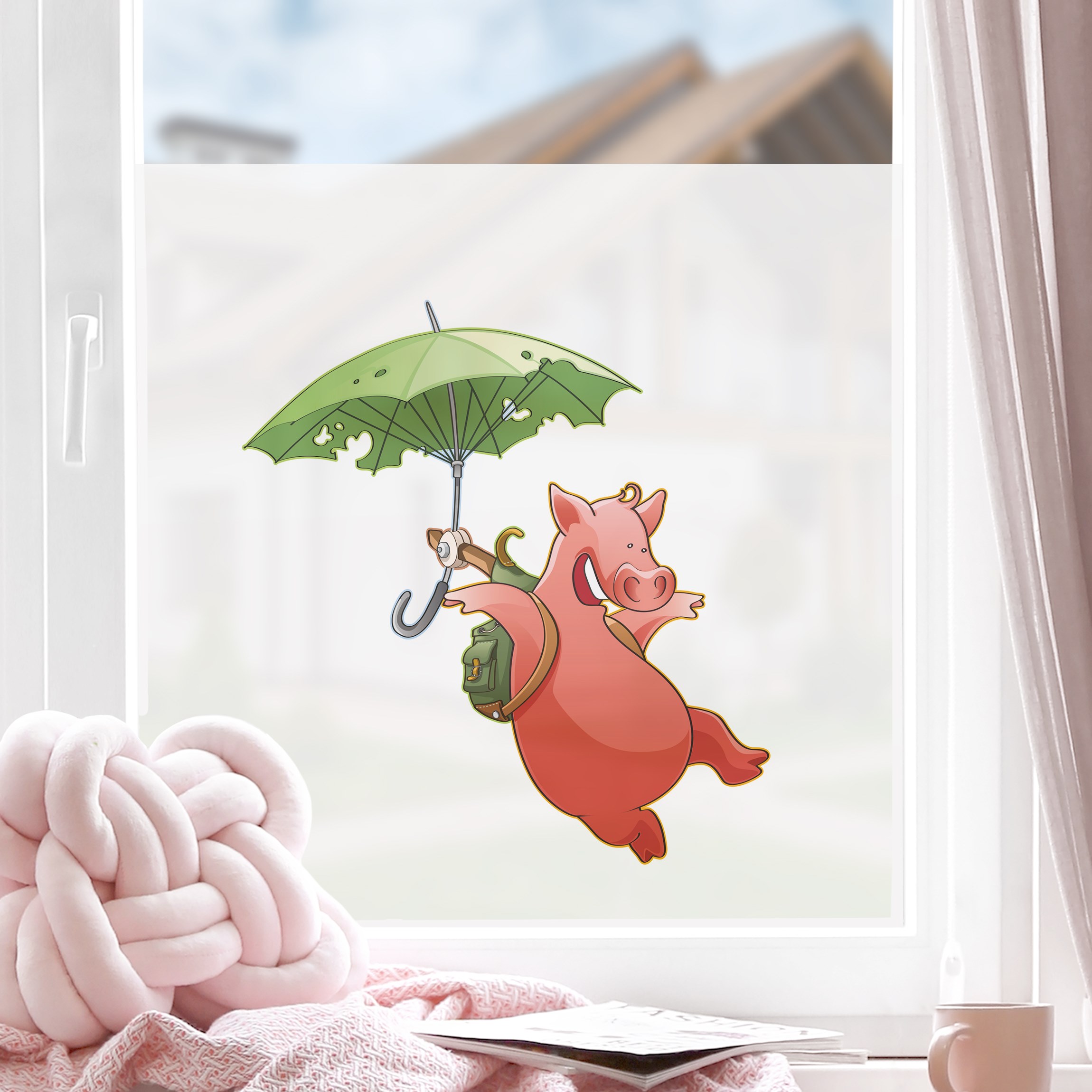 Fensterfolie Fliegender Bauernhof Schwein
